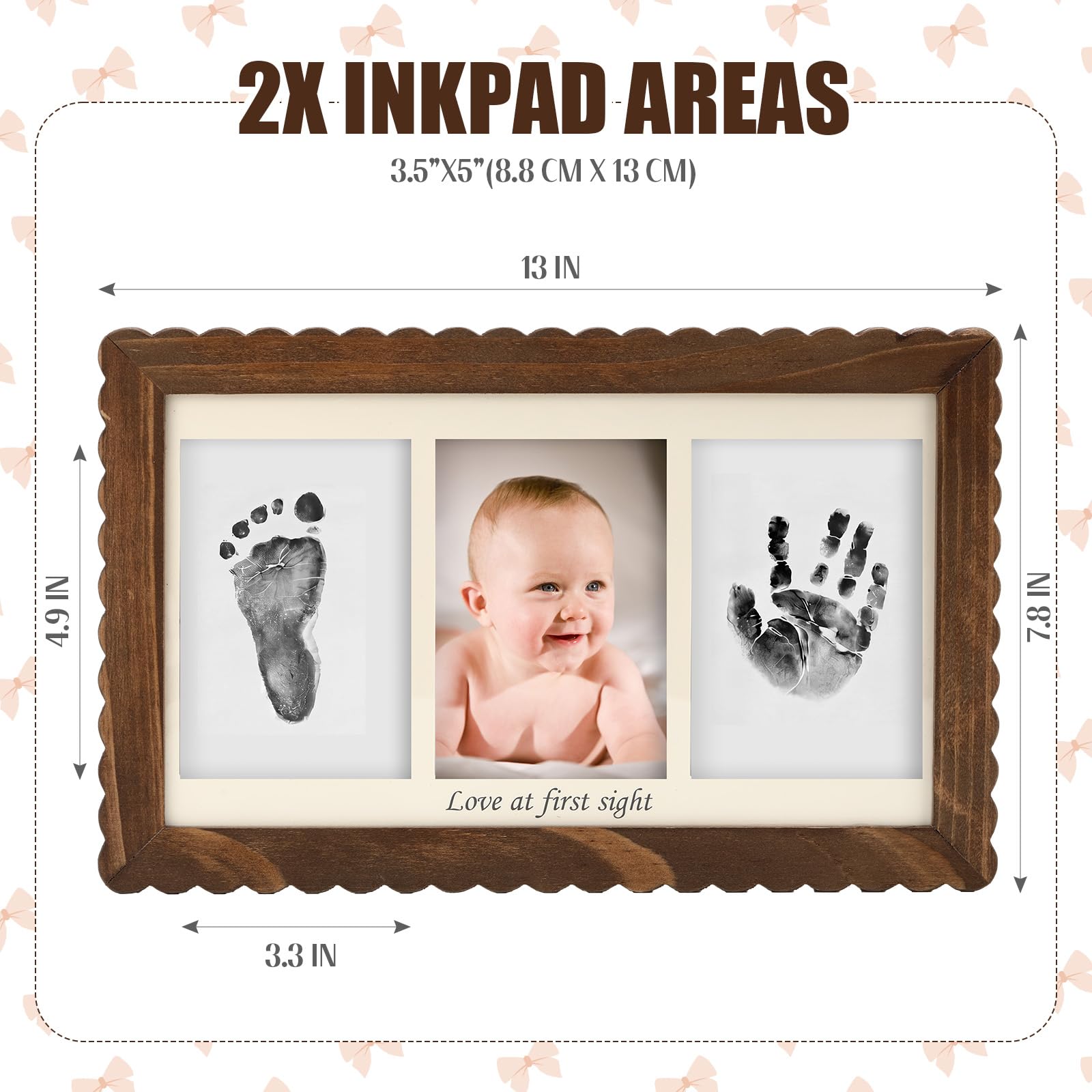 SiliFine Kit de huellas de manos y pies de bebé, marco festoneado de madera maciza, marco de recuerdo de recién nacido, regalo para baby shower, búsqueda de registro de bebés, kit de impresión de