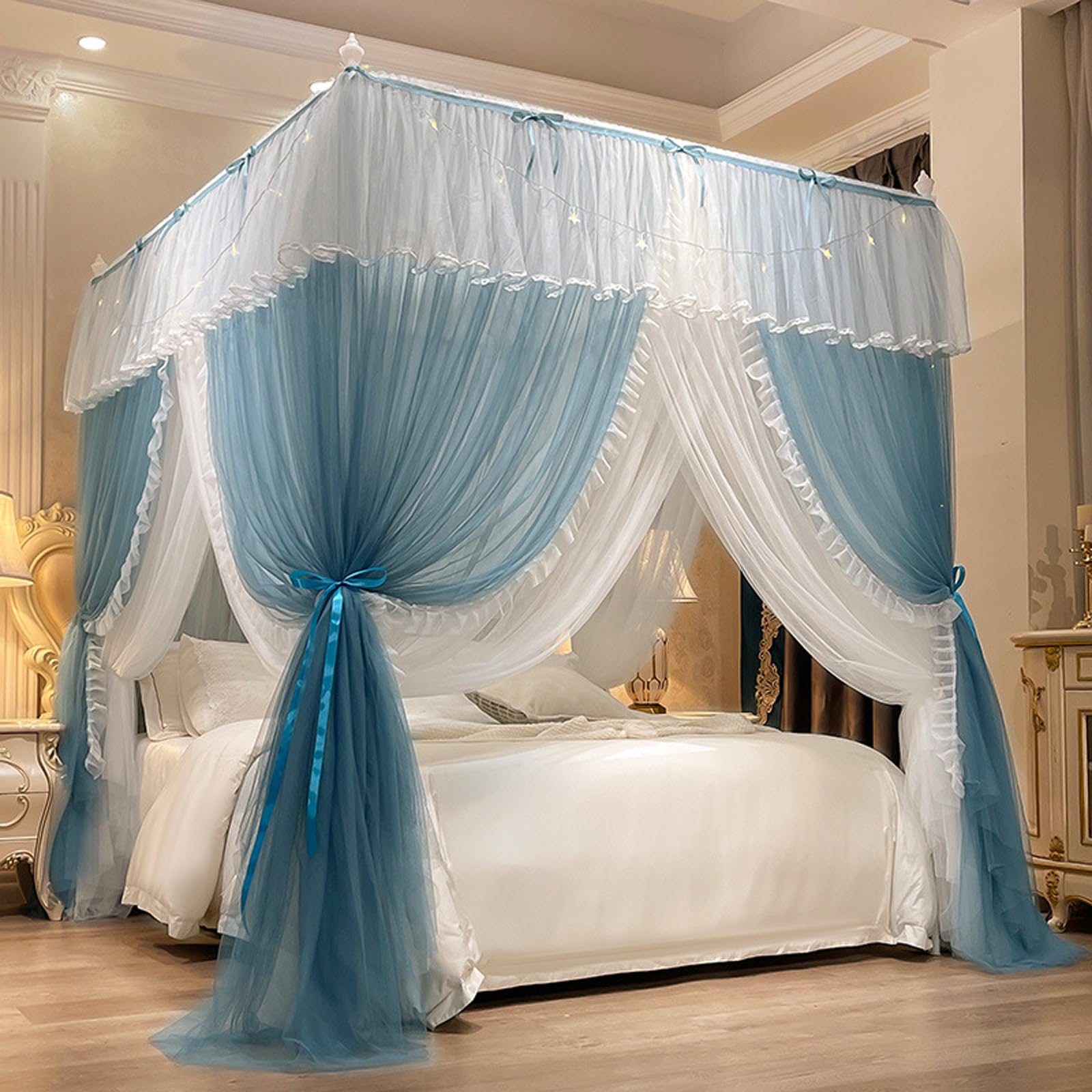 Doppelbetthimmel Moskitonetz, bestickte Spitzen-Bettvorhänge für Schlafzimmer, Dekoration, passend für Full/Queen/Extra Large, Viereck-Design