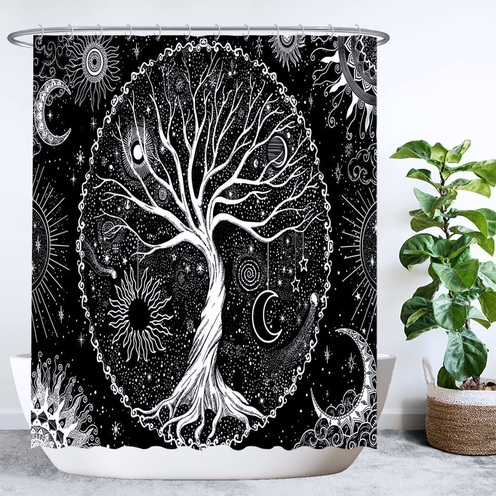 Ulticool Duschvorhang - Baum des Lebens Schwarz Weiß - 180 x 200 cm – Waschbar – Wasserdicht - Anti Schimmel - mit 12 Ringe