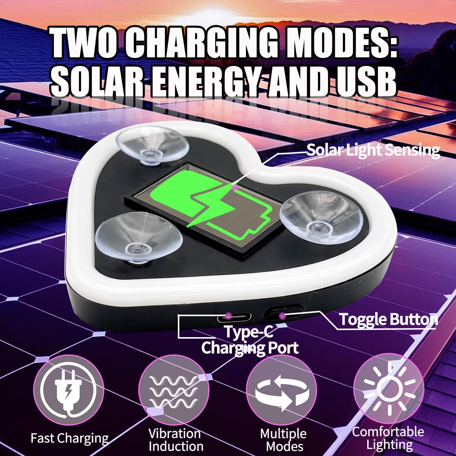 Car LED Interior Light - 1Pcs Blue Solar-Powered Heart-Shaped Ambient Light - Car Ambient Light - Solar & Type-C Powered,5 Lighting Modes,Universal Fit,Interior Atmosphere Lamps for Car(Blue) image 3