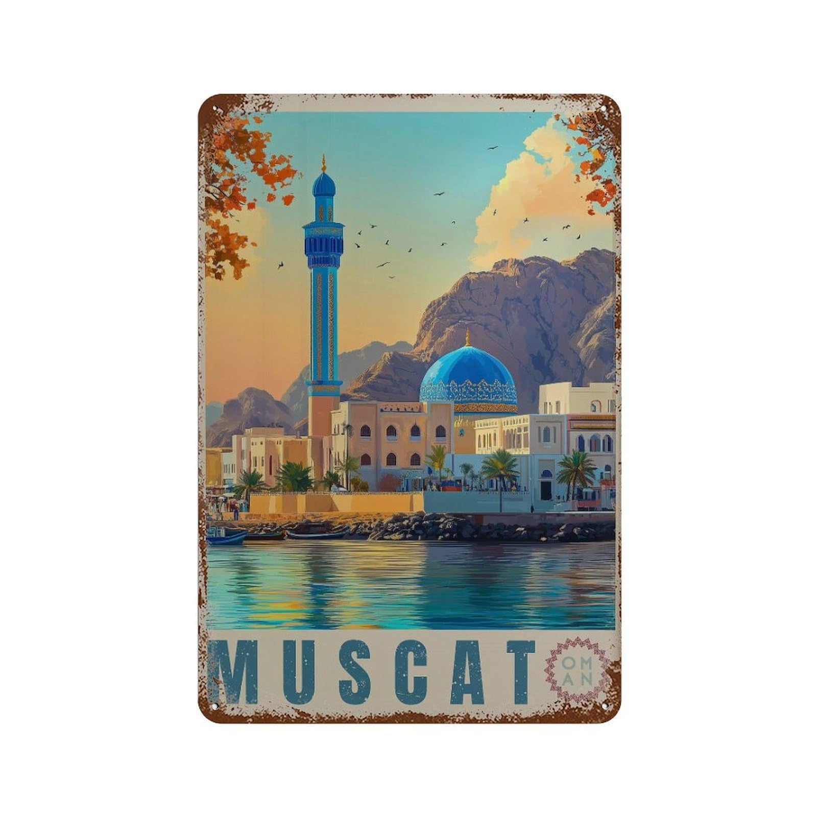 xiaoxiaoshen Muscat Travel Coastal City & Mosque Wall Decor Art Metal Tin Poster Modern Home Decor Art Home Bar Shop Decorations Vintage Sign 30x20cm