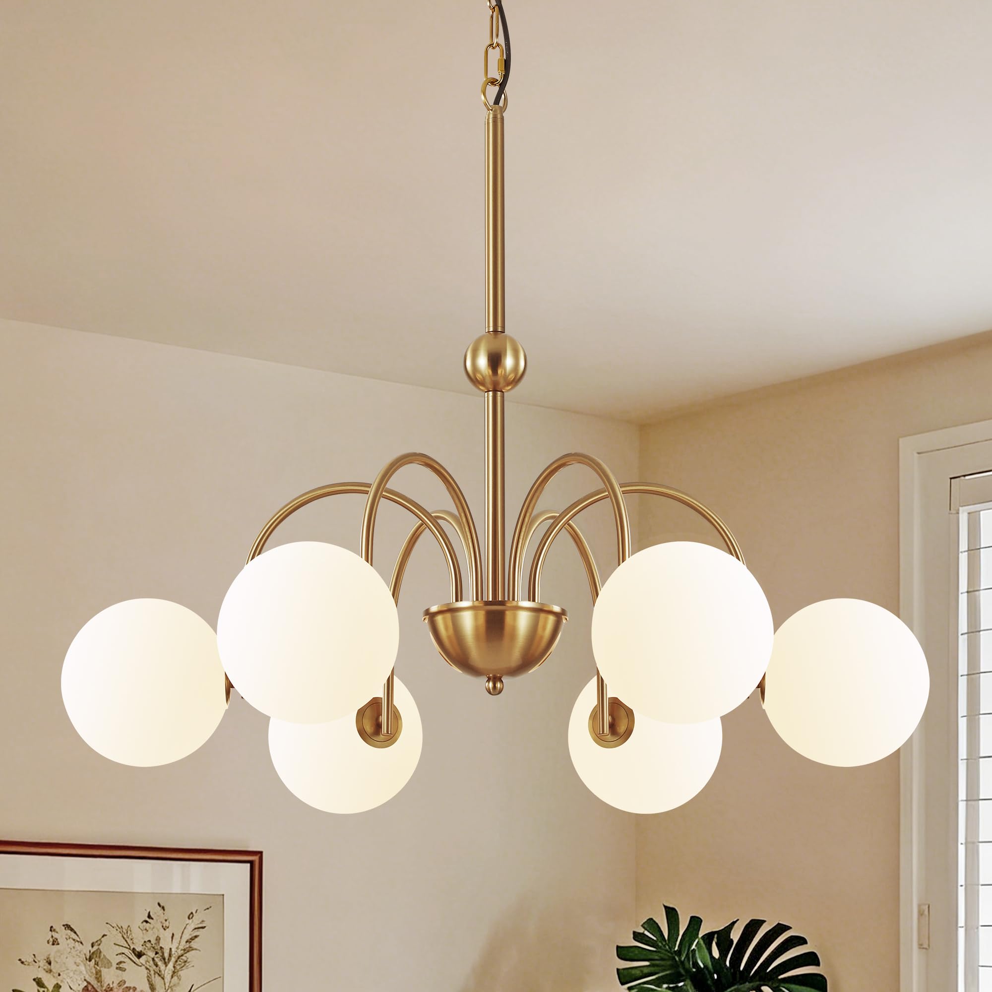 Vintage Brushed Gold Chandeliers for Dining Room Light Fixture 6-Light Mid Century Milk Glass Globe Chandelier Modern Farmhouse