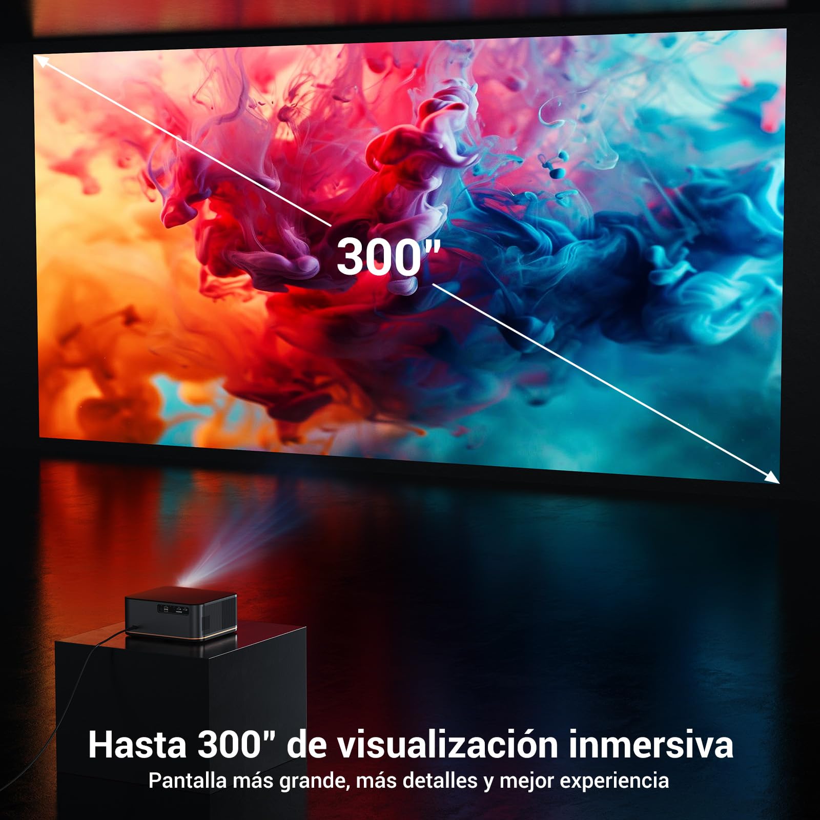 Proyector 4K【1500 ANSI/Auto Focus/Keystone】, HAPPRUN Cine en Casa Projector 38000 Lúmenes, WiFi 6 & Bluetooth 5.2, 300'' Proyectores con 50% Zoom para Movil/TV Stick/PC/PS5