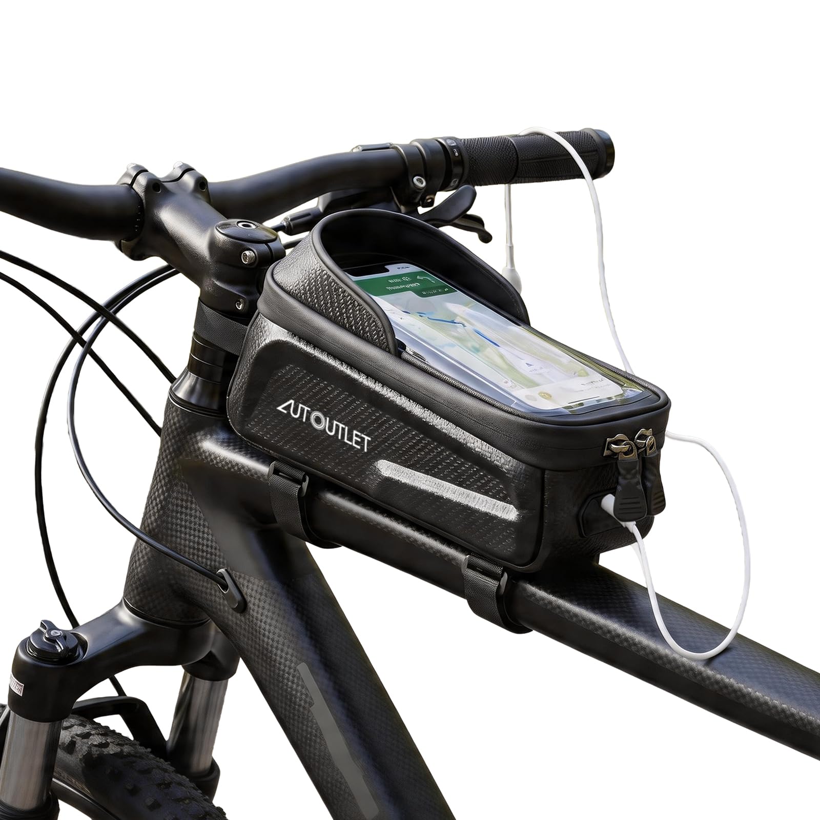 AUTOUTLET Bolsa de Cuadro para Bicicleta, Impermeable, EVA Rígida, 1,5 L, Pantalla Táctil, Reflectante, con Orificio para Auriculares