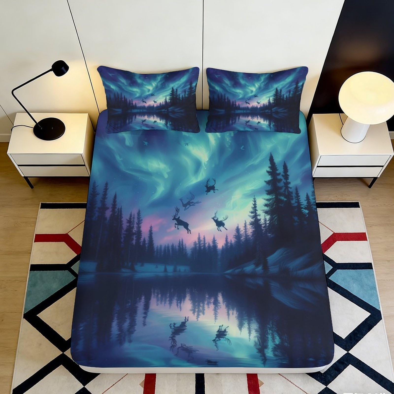 3D Printed Northern Lights Forest Fitted Sheet Microfiber Breathable Aurora Lake Mattress Cover Bedroom Decor 200x200x25cm