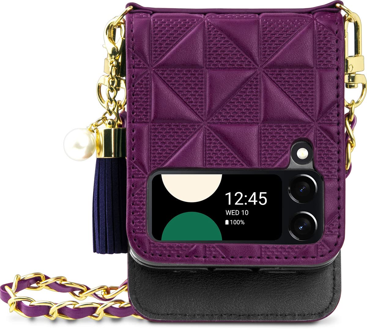 Qoosan Genuine Leather Case Designed for Samsung Galaxy Z Flip 4 5G (2022) Hinge Protection Phone Case with Strap Card Holder Wallet for Women, Purple