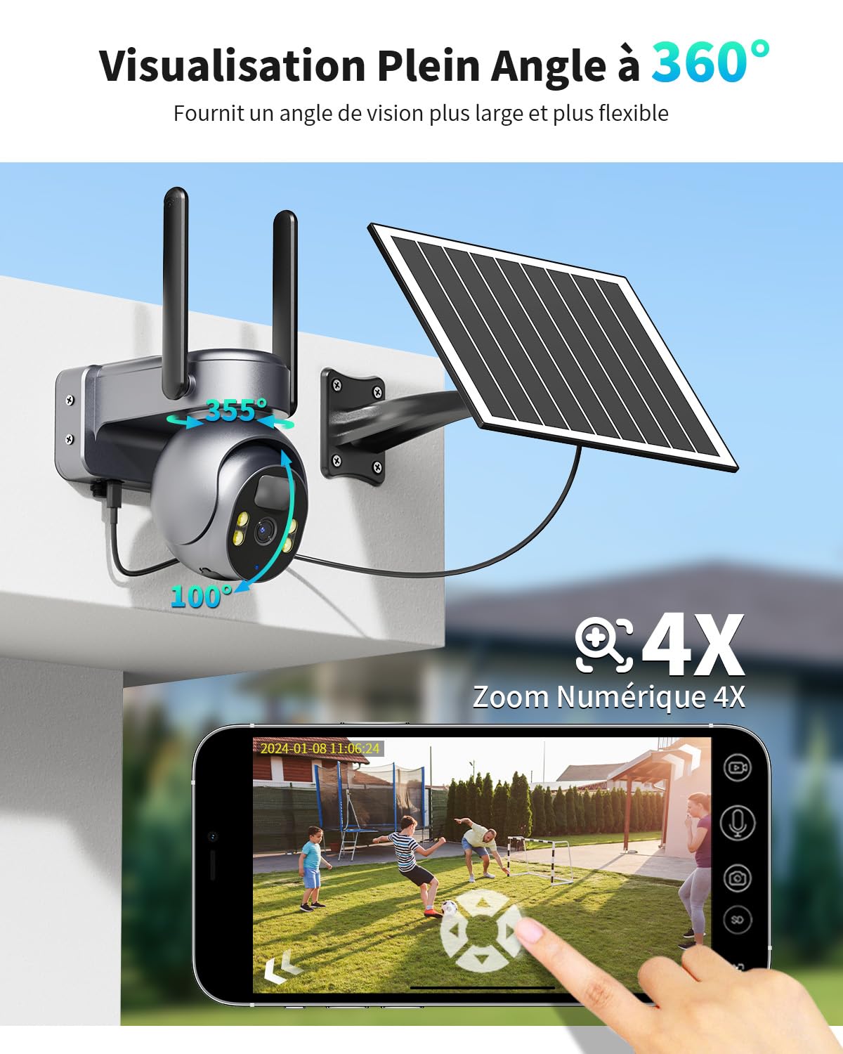 4G LTE Cellulaire Caméra Solaire avec 7.5W Panneau Solaire, 2K HD IP Caméra Extérieur de Surveillance sans Fil avec Carte Sim, Vision Nocturne Coloré et Détection PIR, Imperméable IP66
