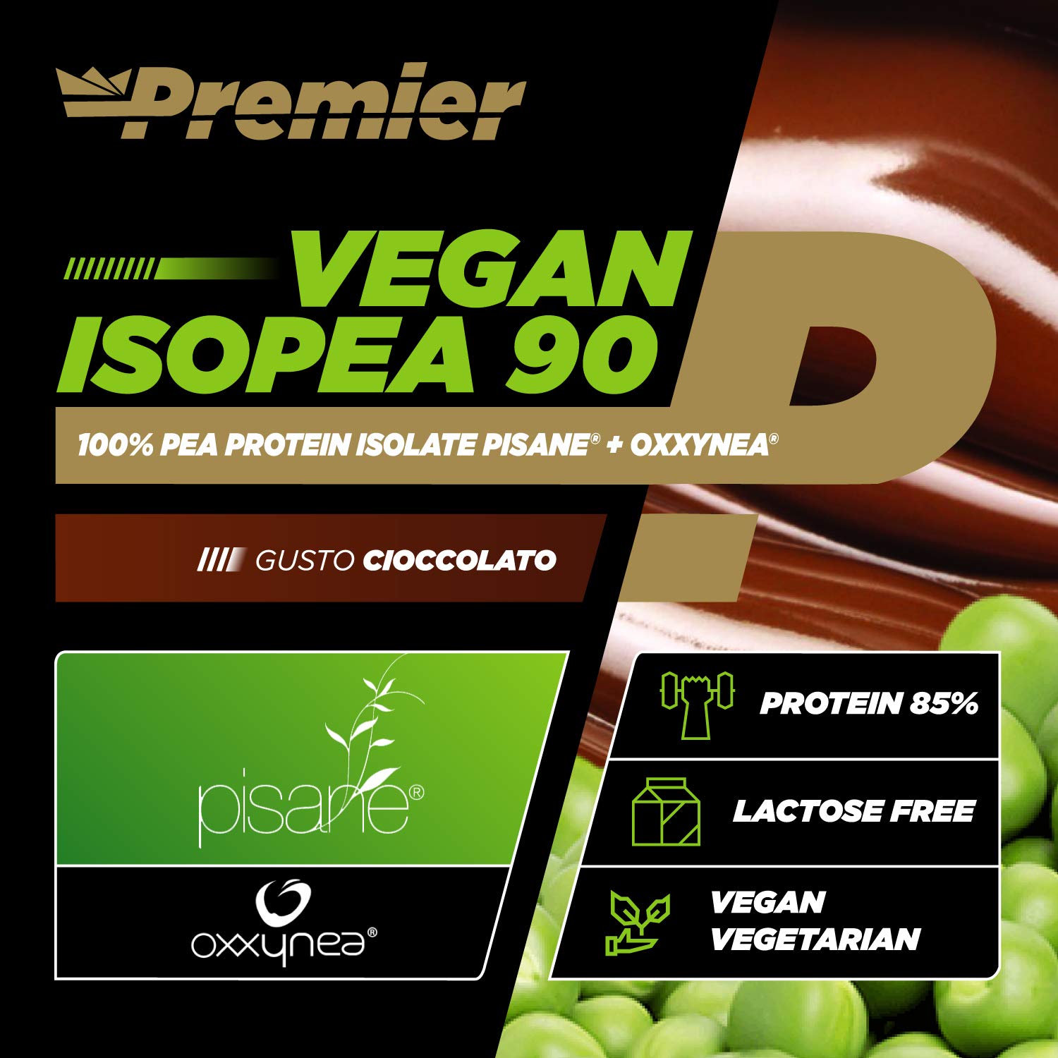 Premier Integratori Vegan Isopea90-700g | proteine in polvere del pisello Pisane® | senza lattosio - adatto a vegani e vegetariani - con antiossidanti (Cioccolato)