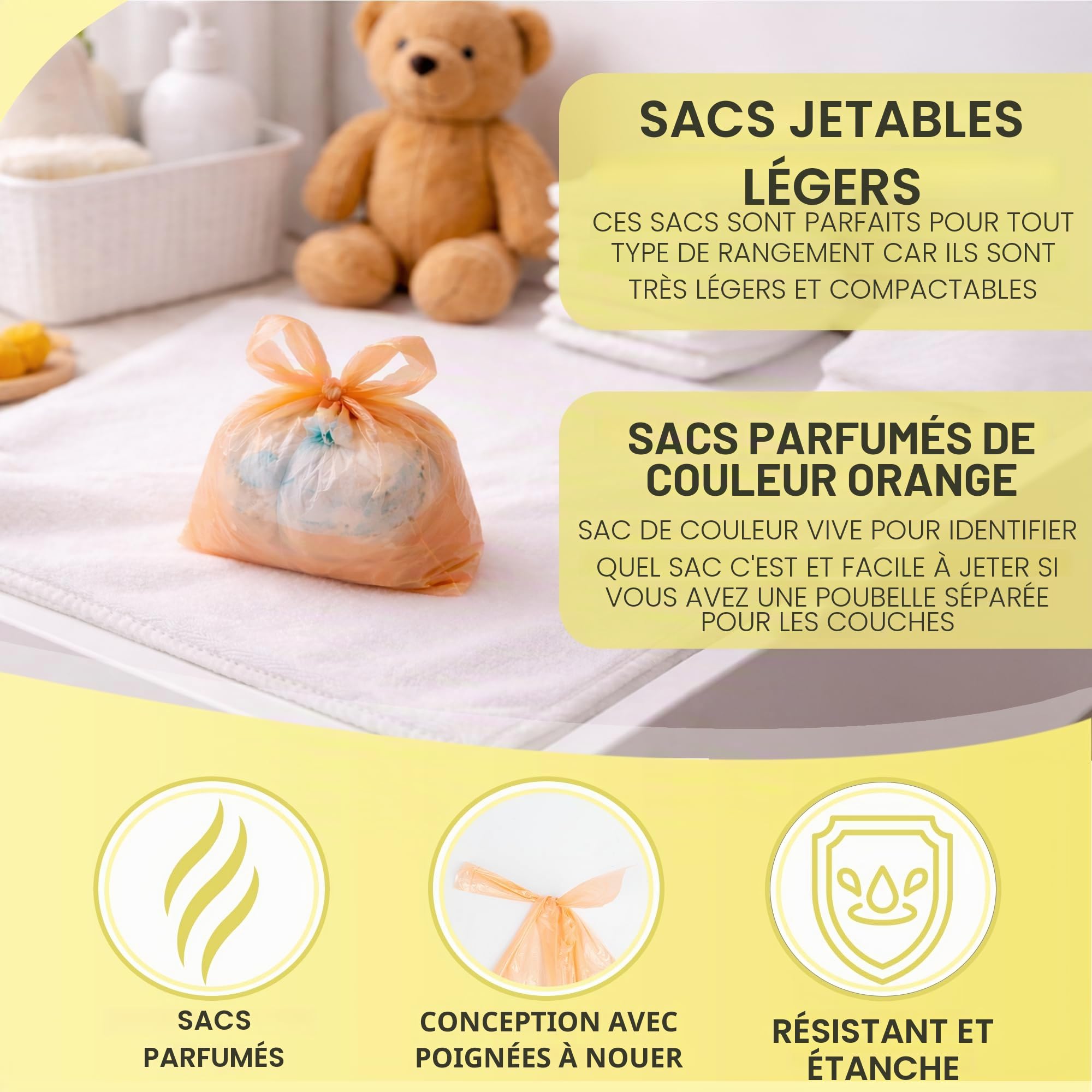 400 sacs à couches colorés avec poignées à nouer, parfumés anti-odeurs, durables anti-fuites