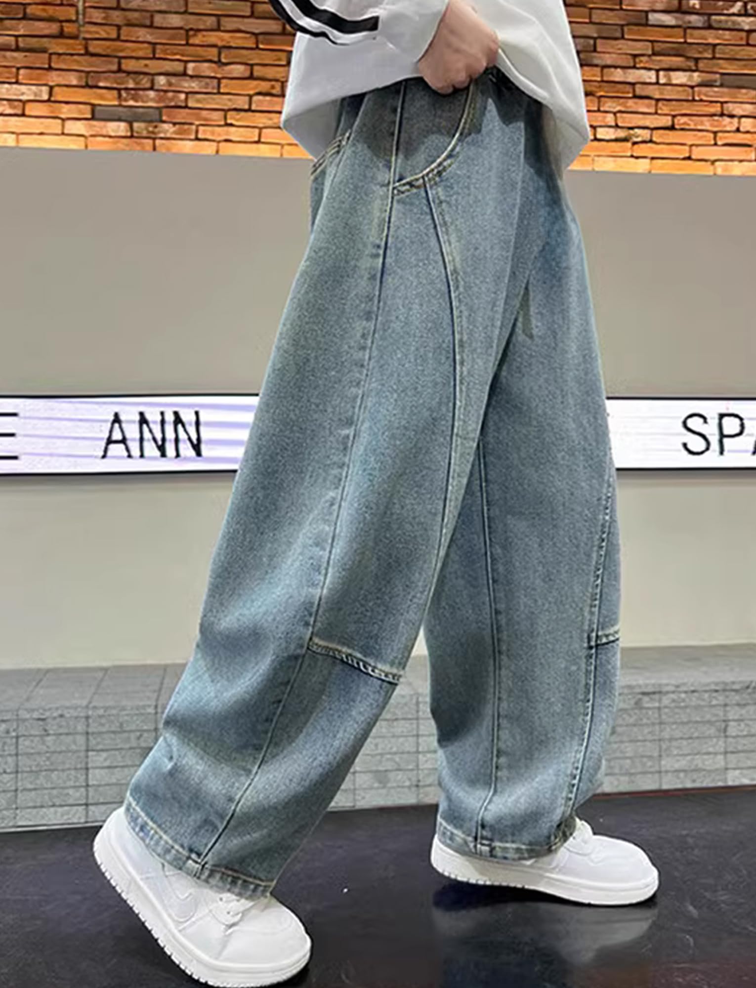 Jeans Baggy Garçons Enfants Pantalon en Denim à Coupe Droite Pantalon en Jean Taille Élastique Jeans Coupe Droit 5-14 Ans