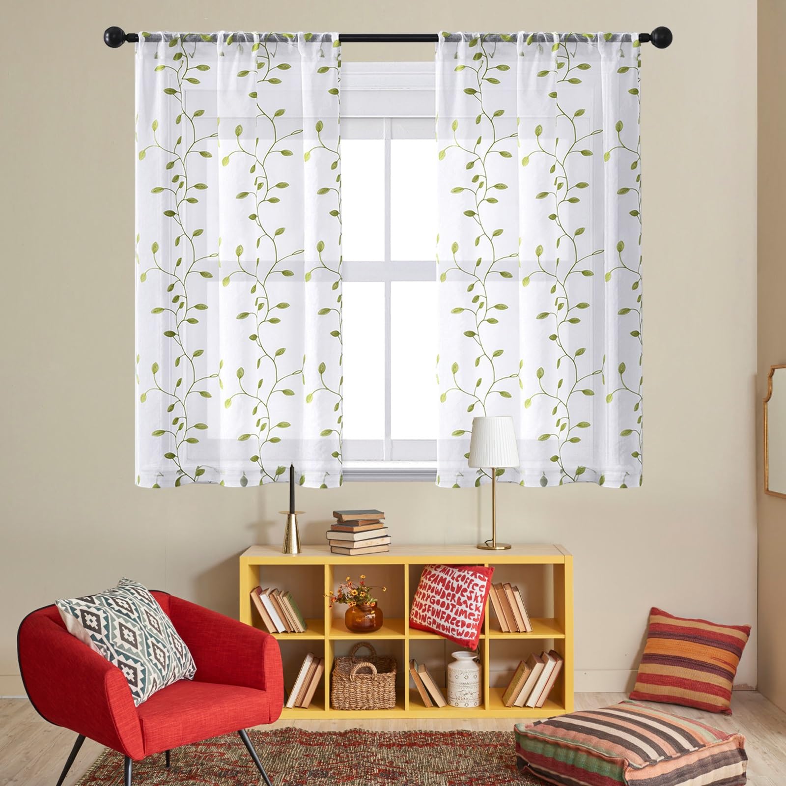 Rideau transparent pour salon et chambre romantique avec voilage effet lin vert LONGCAO