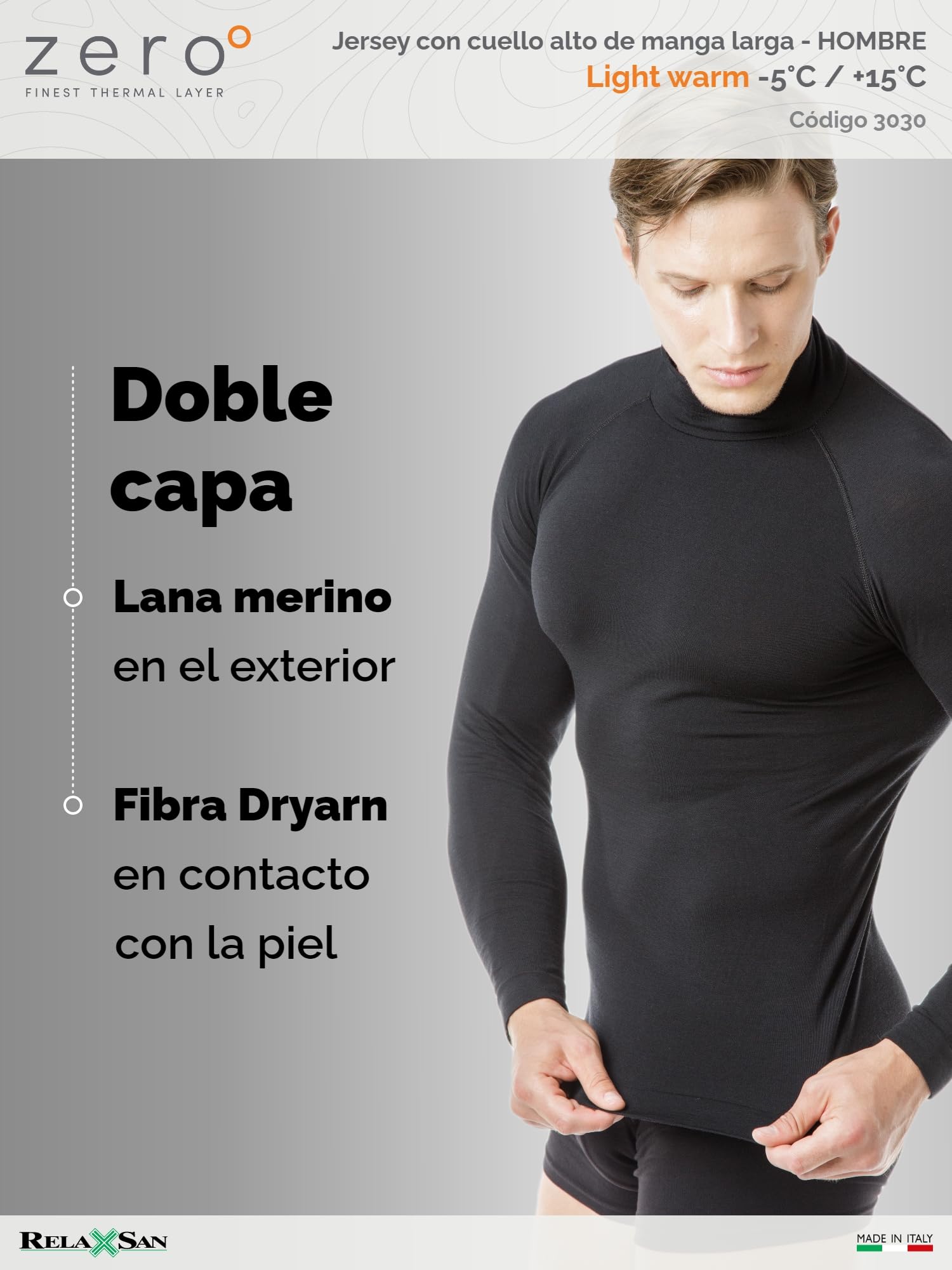 Relaxsan Zero 3030 - Camiseta Cuello Cisne Térmica Hombre Manga Larga Cuello Alto Cálida Suave Lana Merino