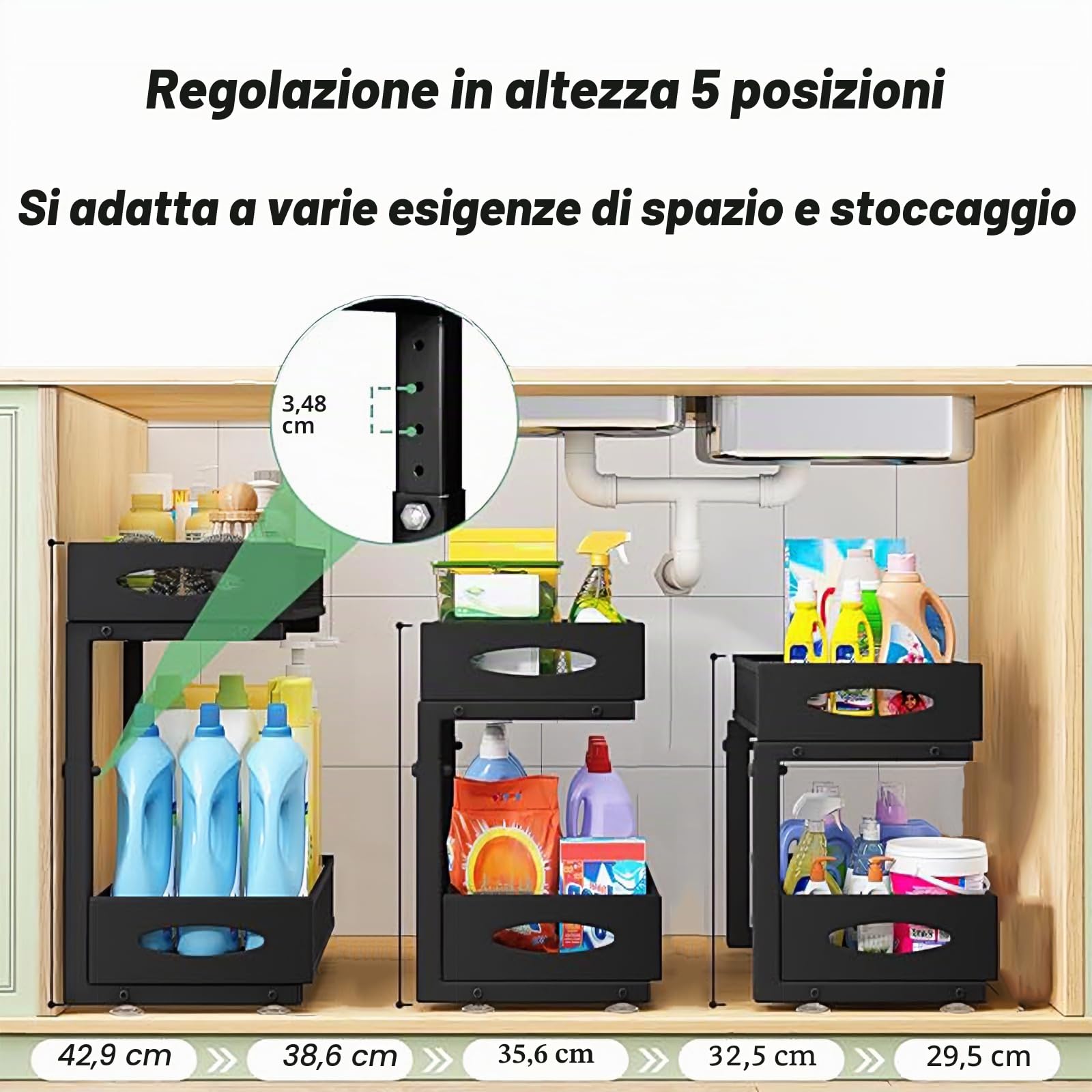 Organizer Sottolavello Cucina, Portaoggetti Organizzatore Ripiano Salvaspazio in Metallo a 2 Livelli，Utilizzato Universalmente in Cucine e Bagno, Regolabile in Altezza - Nero (1 Pezzo)
