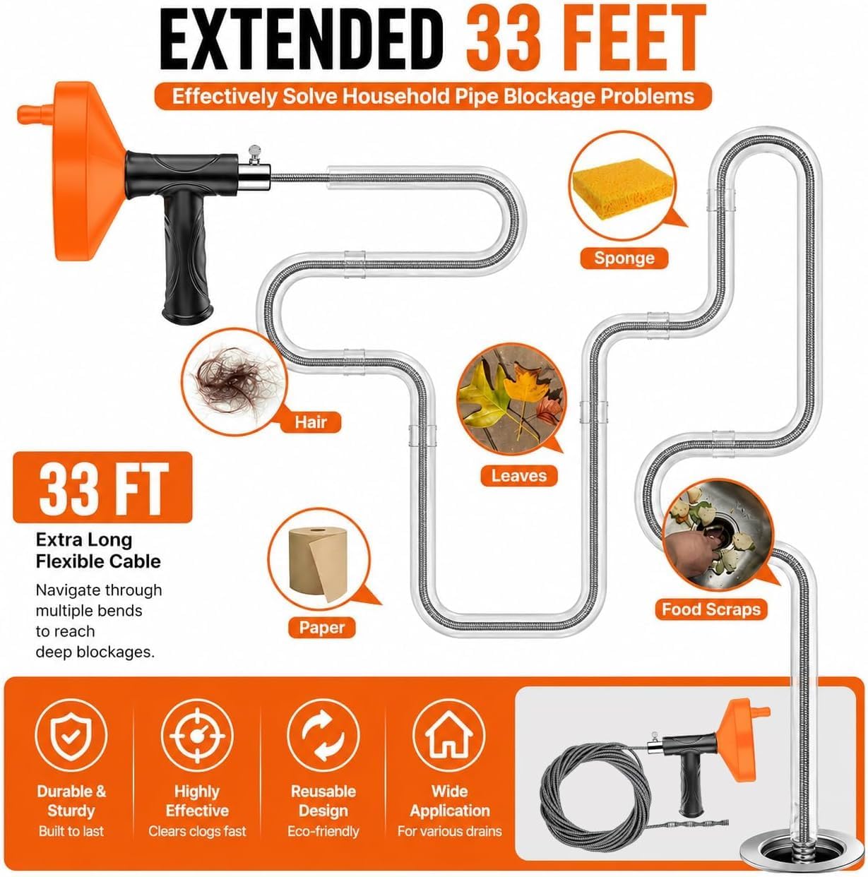 33 FT Drain Snake Auger, Plumbing Snake Drain Hair Clog Removal Tool, Sink Unclogger Drain, Heavy Duty Drum Auger, Cleaner Tool for Bathroom Kitchen Tub Shower Drain Clog Remover with Gloves