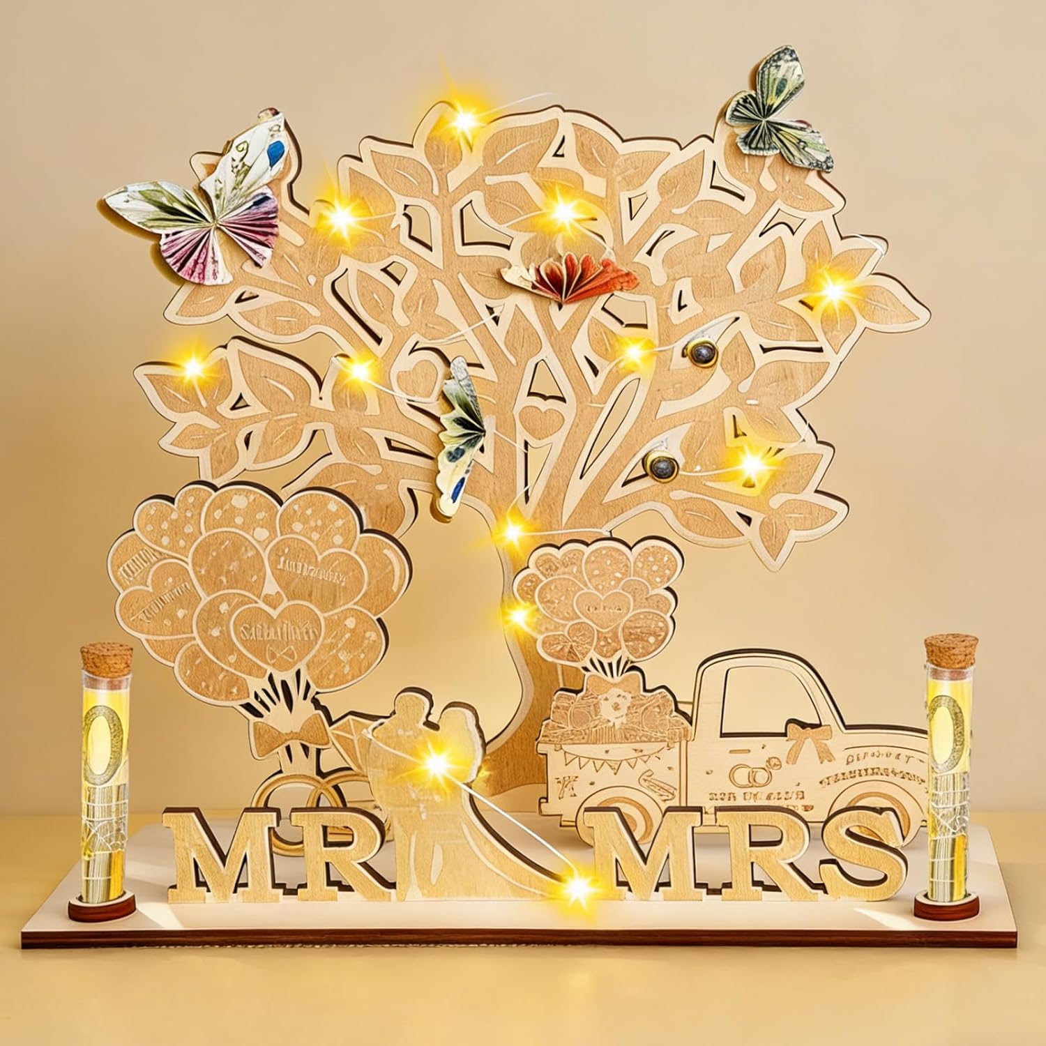 ShinePick Just Married Wedding Money Gift for Bride and Groom, Wedding Gift Money with Tree of Life Decoration, Wedding Money Gift Including MR&MRS Decoration and LED Fairy Lights