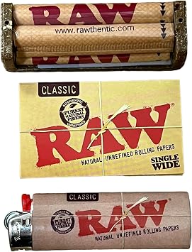 Raw Single Wide Rolling Papers +70mm Rolling Machine + Raw Classic Bic Lighter + RSV Scoop Card
