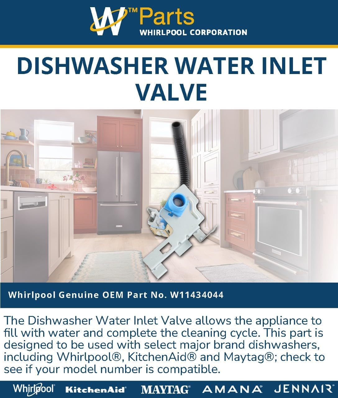 Whirlpool W11434044 Genuine OEM Dishwasher Water Inlet Valve Replacement Part - Replaces W11187724, W11025972, and W11025970