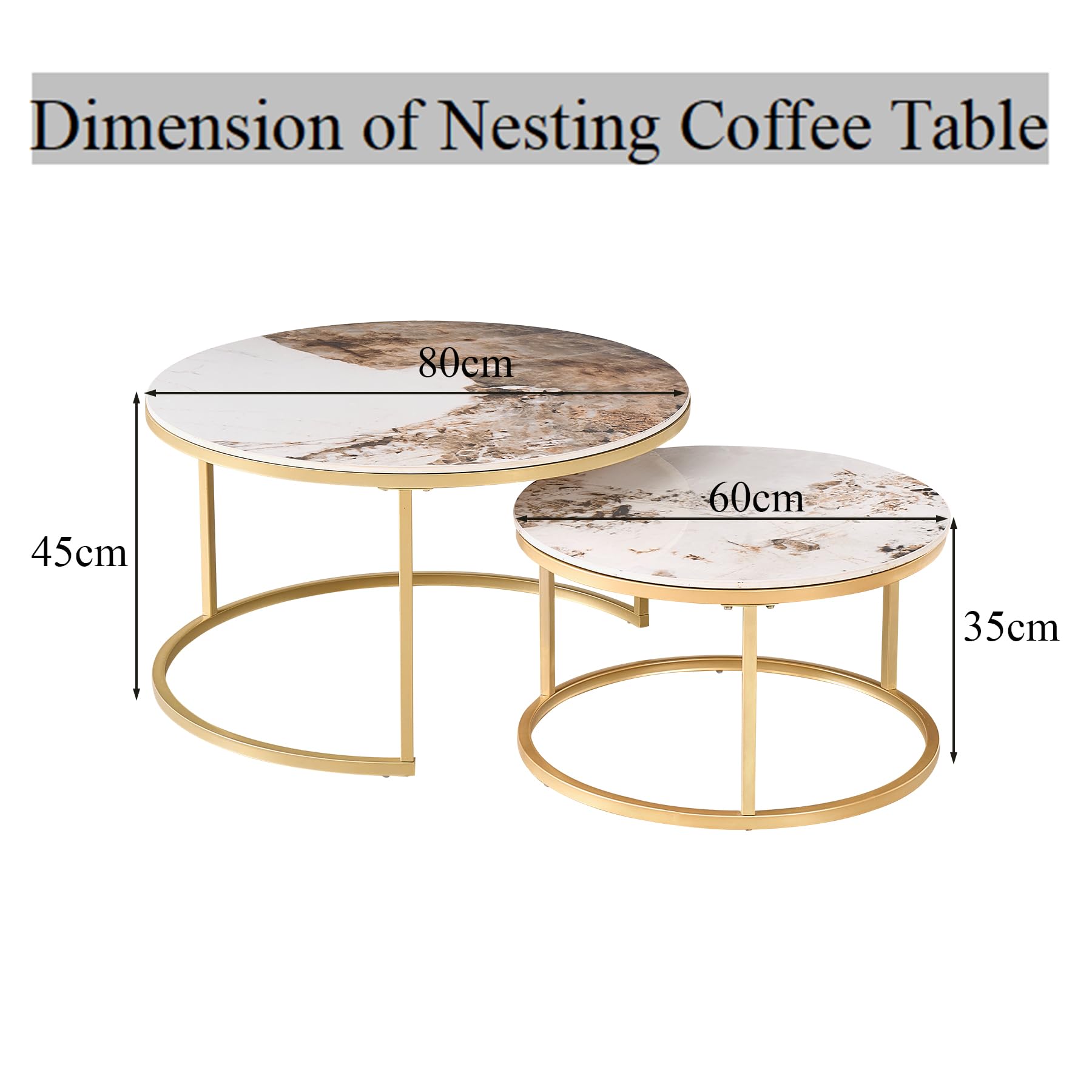 Runden Couchtisch 2er Set, Moderne Satztische mit Keramikplatte (Keine MDF-Platte), Ideal für Wohnzimmer, Schlafzimmer, Balkon und Büro (Pandora+Gold), 60+80cm