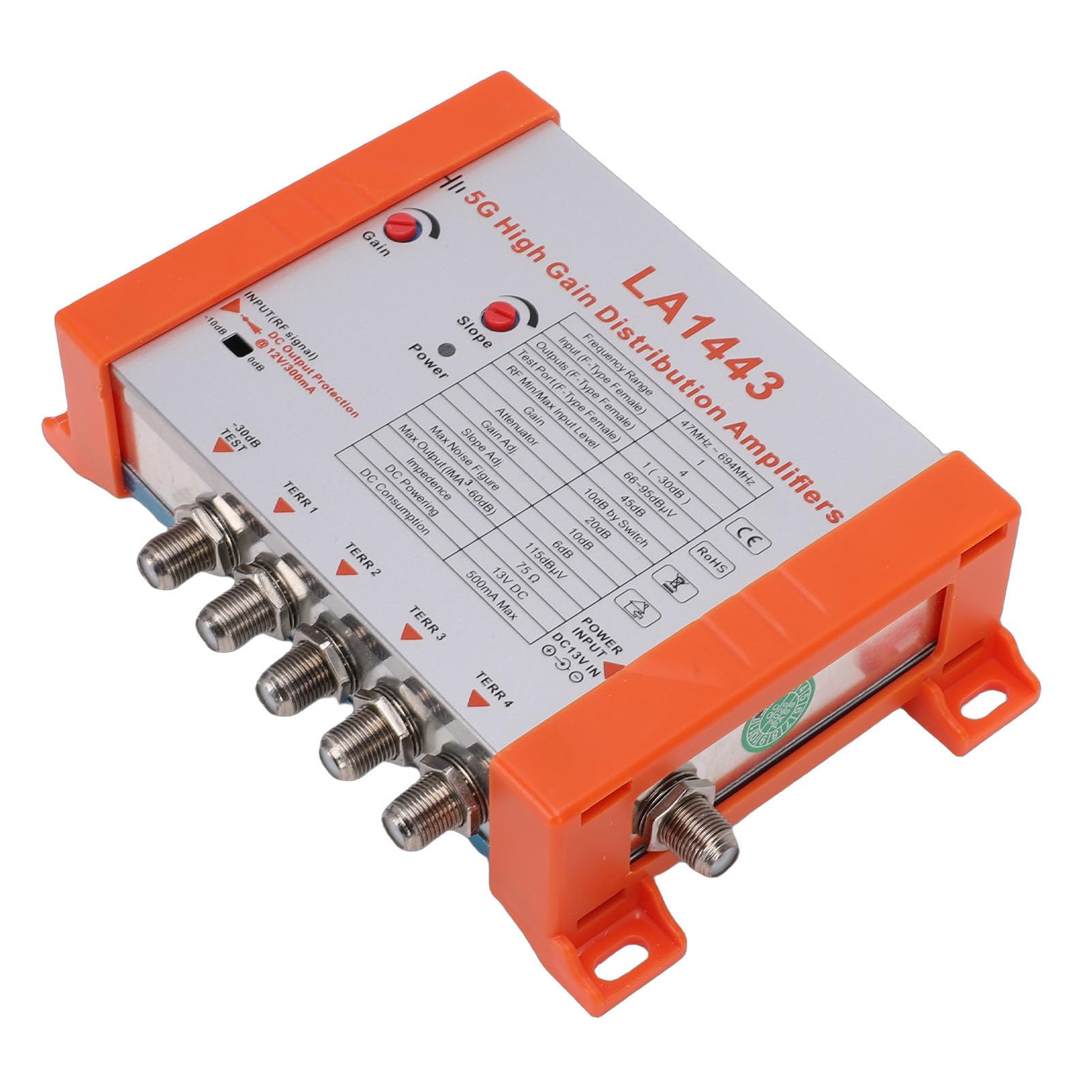 Cuifati Amplificateur de Distribution TV 4 Ports avec Filtre 5G LTE à Gain de 45 DB pour Amplificateur de Signal D'antenne de Télévision par Câble avec 1 Entrée 4 Sorties à Faible Bruit (Prise UE)