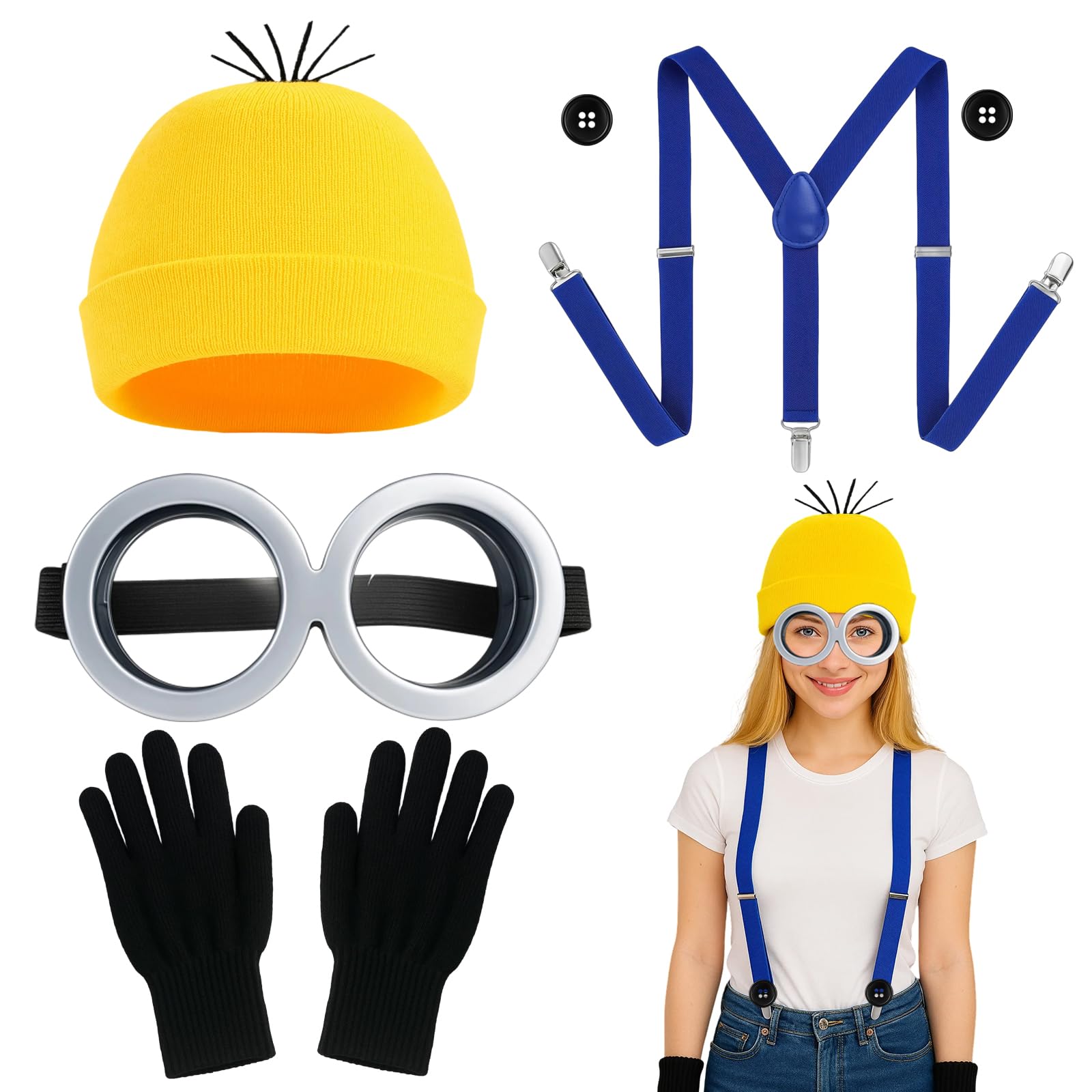 5 Pcs Yellow Costume Accessories, Fancy Dress Set with Steampunk Goggles, Beanie, Gloves, Buttons and Straps, Yellow Costumes are Essential Accessories Halloween Cosplay Carnival