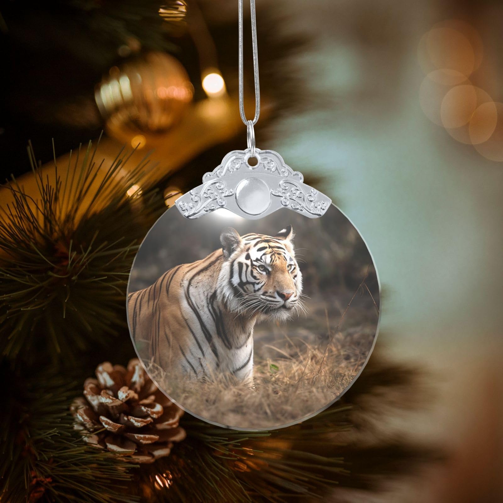 Crystal Christmas Ornaments for Christmas Tree Decoration Hanging Wildlife Tiger Ornament with Gold Ribbon Crafts Round Pendant for Keepsake Gifts Glass Xmas Decor Party Supplies
