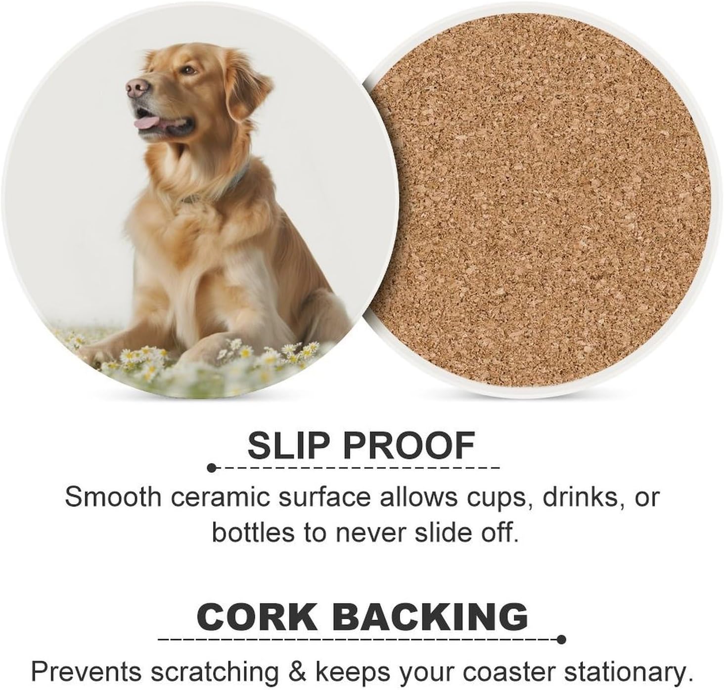 6PCS Dog Coasters Non-Slip Round Drink Coasters with Ceramic Stone and Cork Base, Heat Resistant Absorbent 33.00Stone Coaster Set for Kinds of Mugs and Cups, 4 Inch