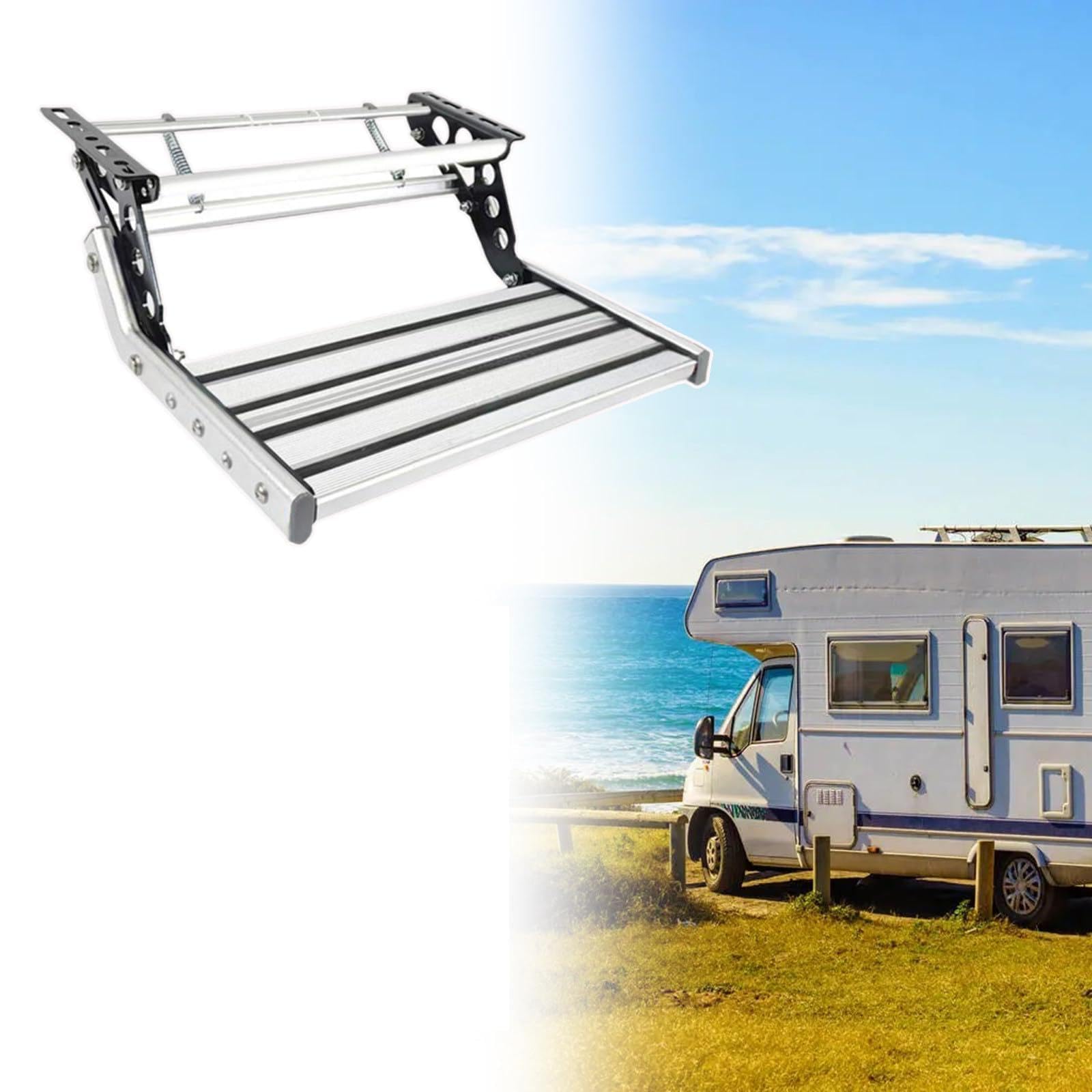 WIANQIAN RV Step Stool, Camper Entry Steps, Foldable Drop Down Manual Electric Steps, 440lbs 200kg Load Capacity, Anodized, With LED Light, For Motorhome Rv Campervan Caravan Single-layermanual