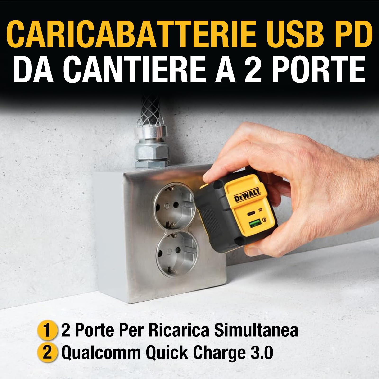 DEWALT Caricatore da Parete Heavy Duty 49,5W con Doppia Porta USB-A e USB-C (Cavo Non Incluso), Alimentatore Compatto Pieghevole a Ricarica Rapida per iPhone 17/16/15/14, Galaxy, Pixel, iPad