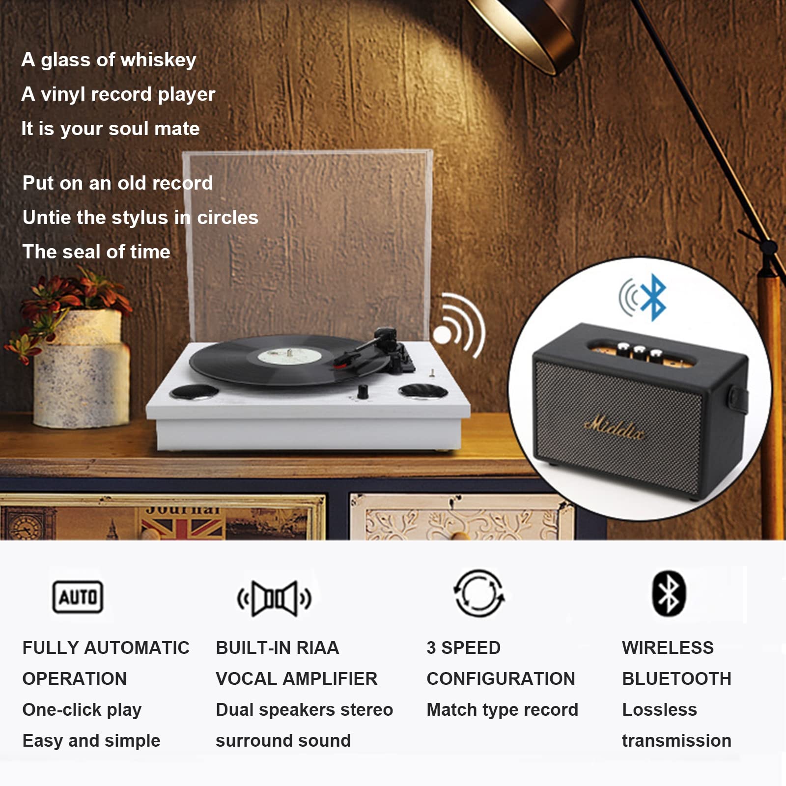 Gramofon do drewna, 3-biegowy gramofon Bluetooth i odtwarzacz winylowy z napędem paskowym z wbudowanymi głośnikami, wyjście audio na słuchawki/RCA,White