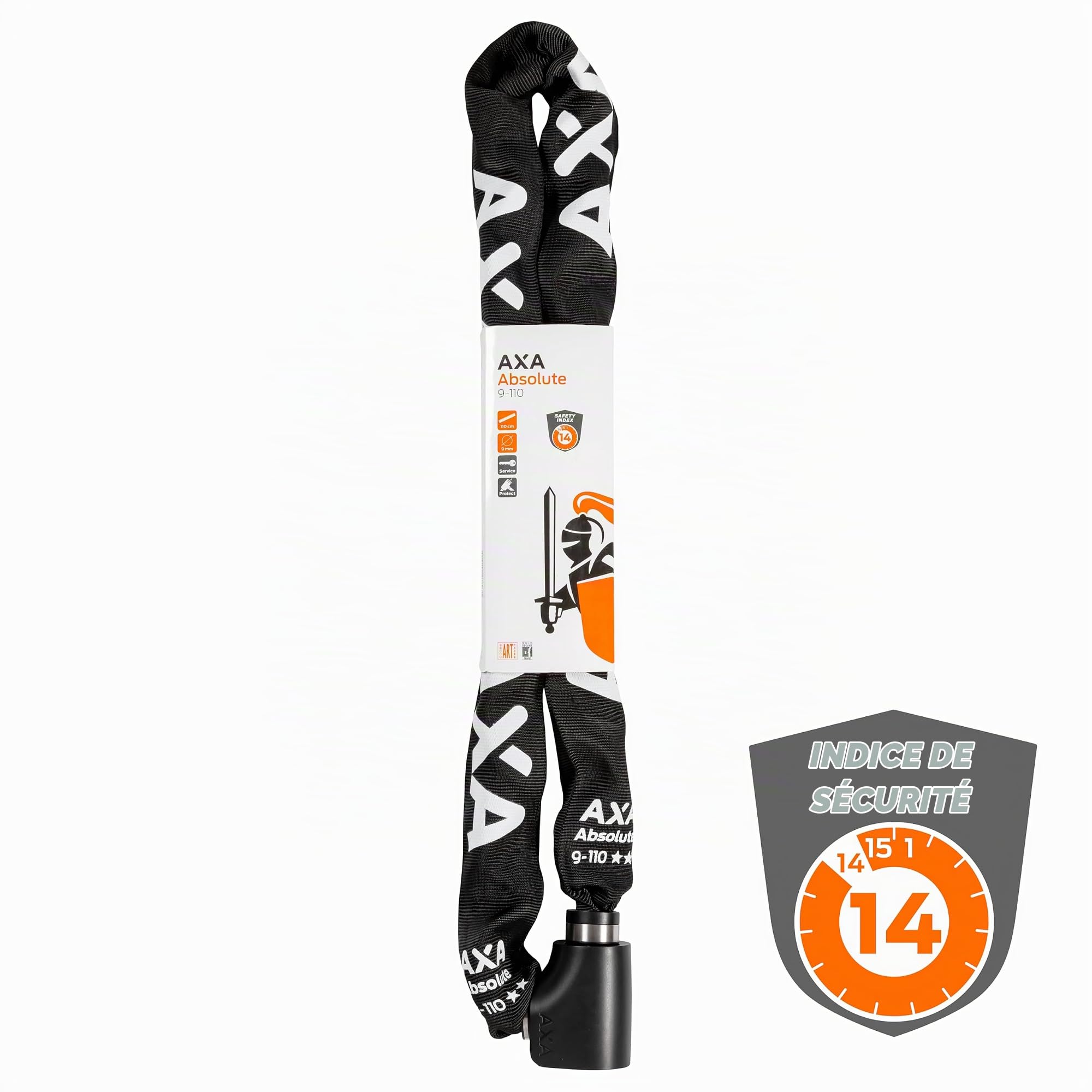 AXA Absolute 9-110 Antivol de vélo, Chaîne antivol, Cadenas pour vélo et scooter, Sécurité 14 sur 15, 110 cm x 9 mm, Housse en polyester noir