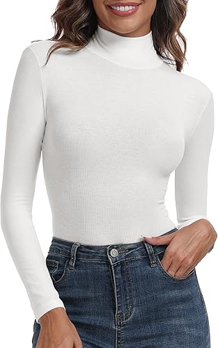 PALINDA Camisas de manga larga ajustadas con cuello alto acanalado para mujer