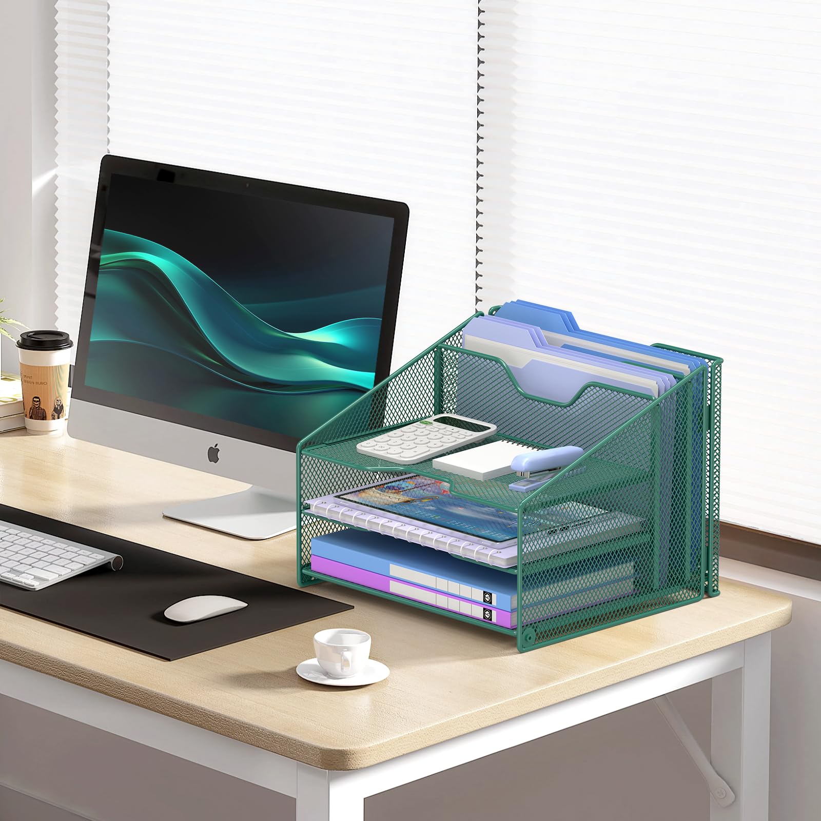 Samstar Green Desk File Organizer, Mesh Letter File Folder Holder with 3 Paper Trays and 2 Vertical Upright Section, for Office Supplies, Desk Accessories & Workspace, Green view 2