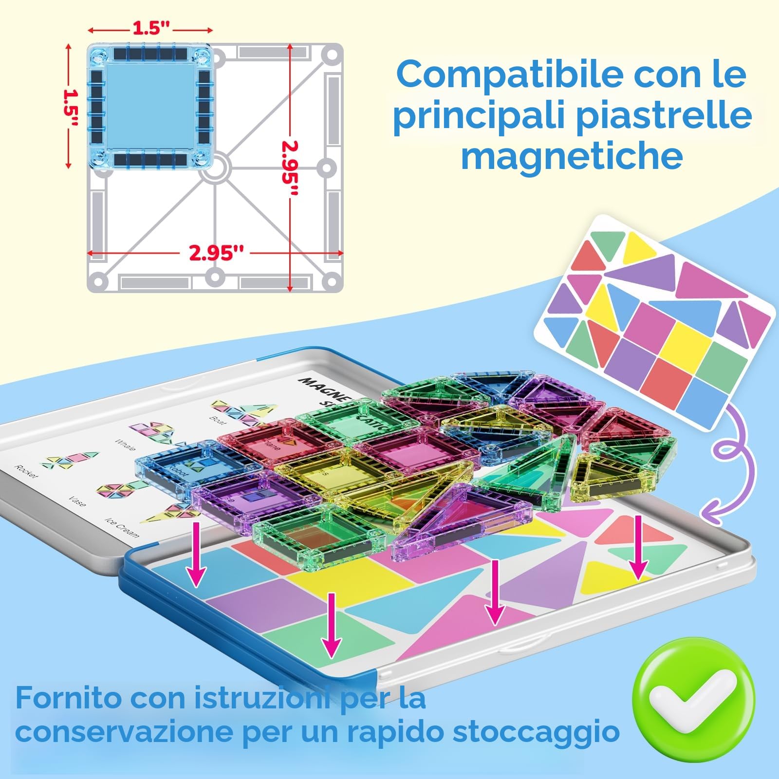 Set di 42 mattonelle magnetiche da viaggio per bambini, portatili, da viaggio, mini piastrelle magnetiche, giocattoli magnetici, scatola da costruzione montessori, giocattolo regalo per bambini di 3+