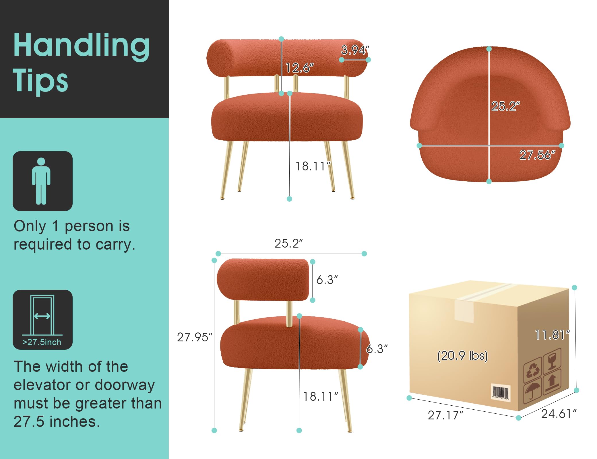 SEYNAR Mid Century Sherpa Boucle Accent Chair, Round Upholstered Barrel Arm Chair for Small Spaces, Fluffy Side Corner Sofa Chair for Living Room, Bedroom, Vanity, Office, Reading Nook(Orange)