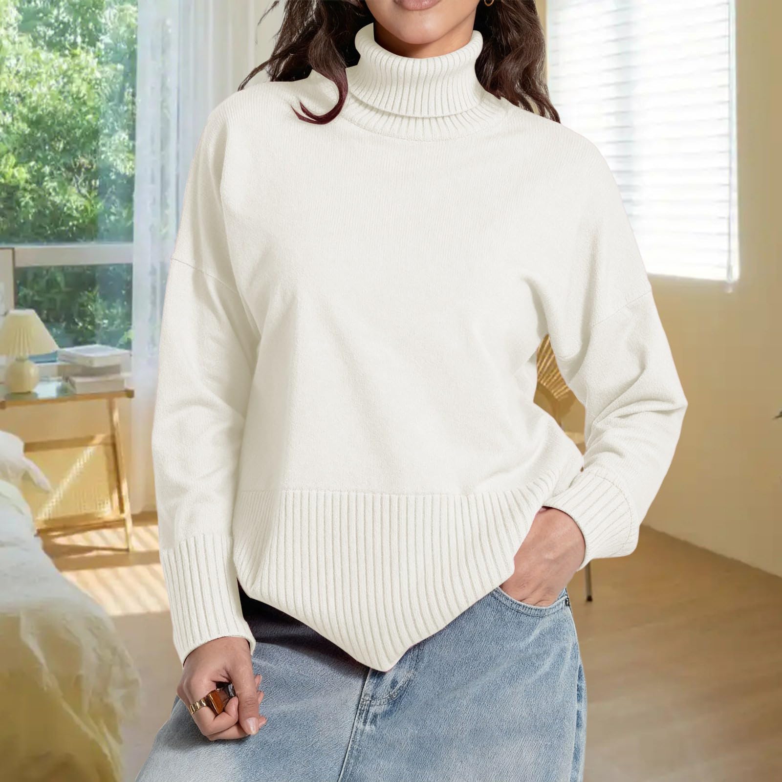 Oversize-Strickpullover mit geteiltem Saum, weicher Stehkragen, lässiger Winter, langärmeliger Rundhalsausschnitt, lockere Passform, Bequeme Herbstmode
