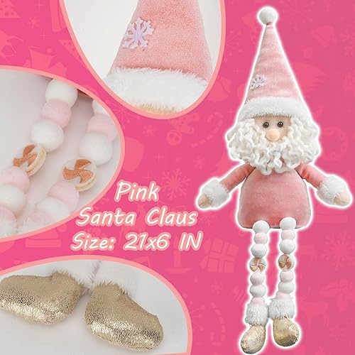 Miniatura 3 de Decoración de muñecas de Navidad rosadas, 3 piezas de hombre de jengibre rosa, muñeco de nieve, gnomo de Papá Noel, muñecas de felpa hechas a mano