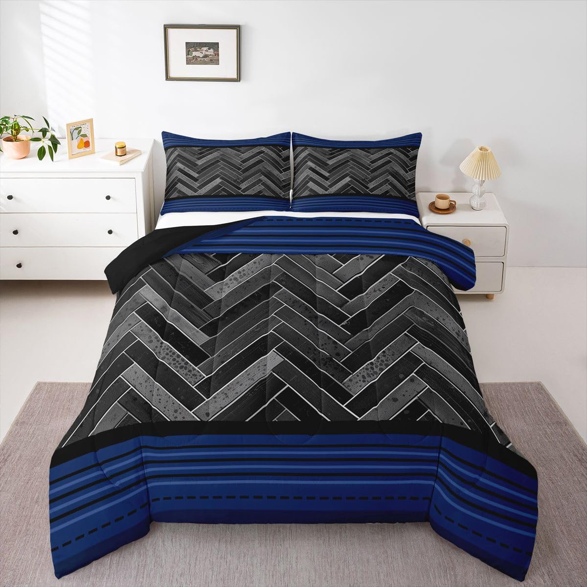Castle Fairy Blue Stripes Full Size Comforter Set,Gray Black Rectangle Patchwork Reversible Bedding Set Bedroom Collection,Vintage Lines Geometric Soft Quilted Duvet for Girls Teens