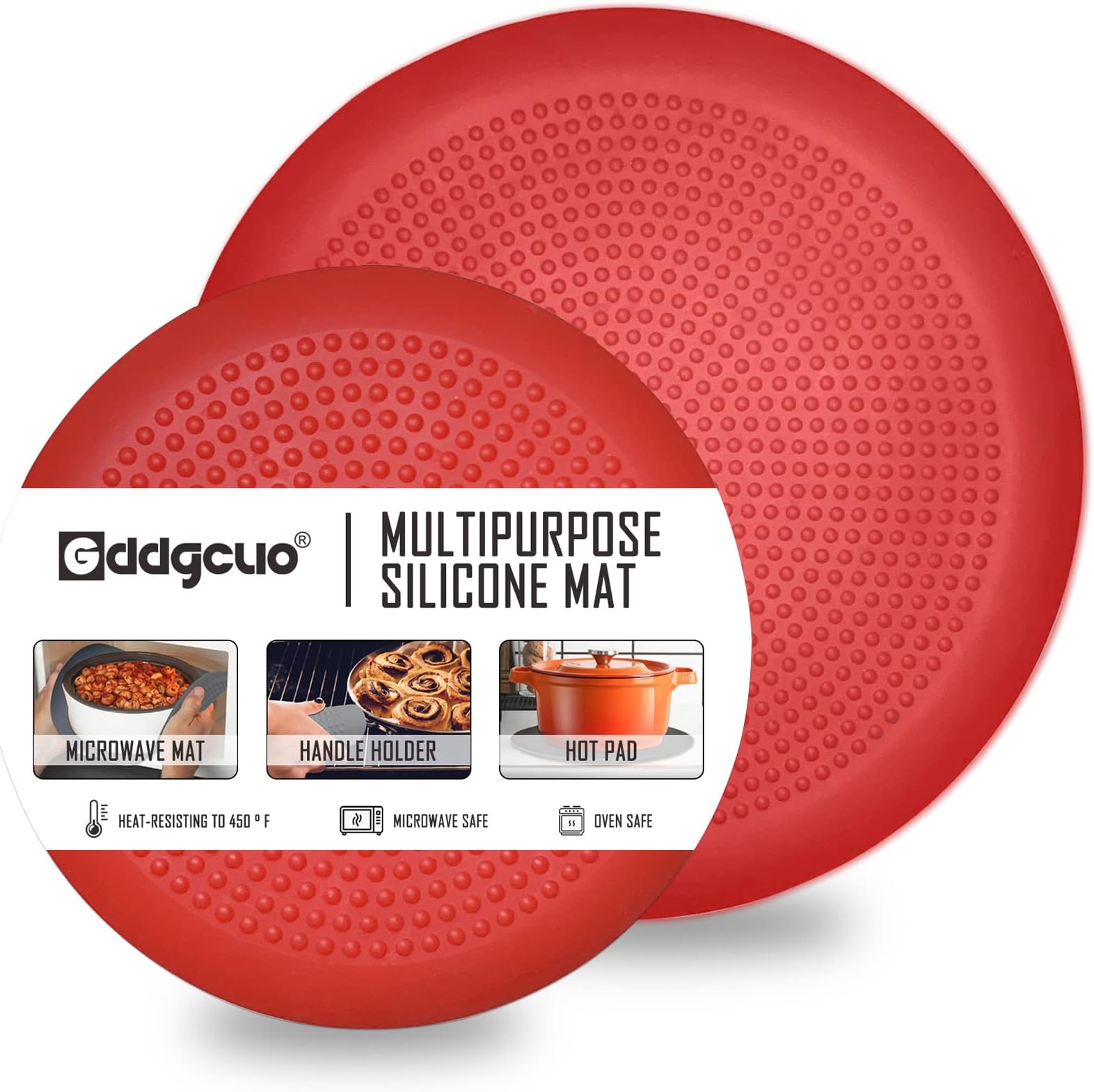 Multi-Purpose Silicone Microwave Mat, 10" and 12" Microwave Splatter Mat, BPA Free Heat Resistant Trivets, Dishwasher Safe (Red, 2 Pack)