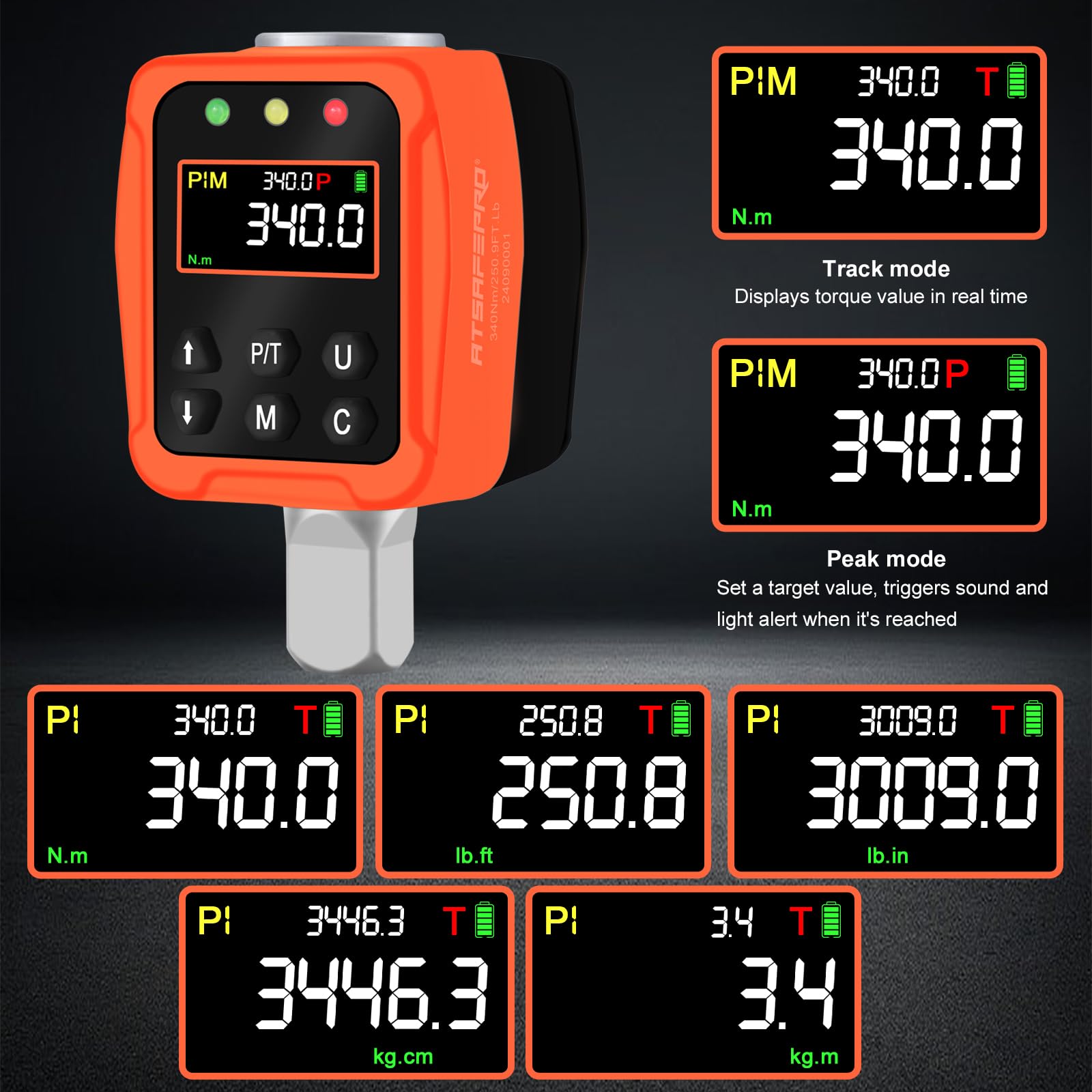 ATsafepro Adaptateur Dynamométrique Numérique 1/2'' 17-340 Nm, Clé Dynamométrique Numérique, Précision ±1% avec Écran LCD Couleur et Buzzer, Adaptateurs 1/4'', 3/8'' pour Voiture, Moto, Vélo