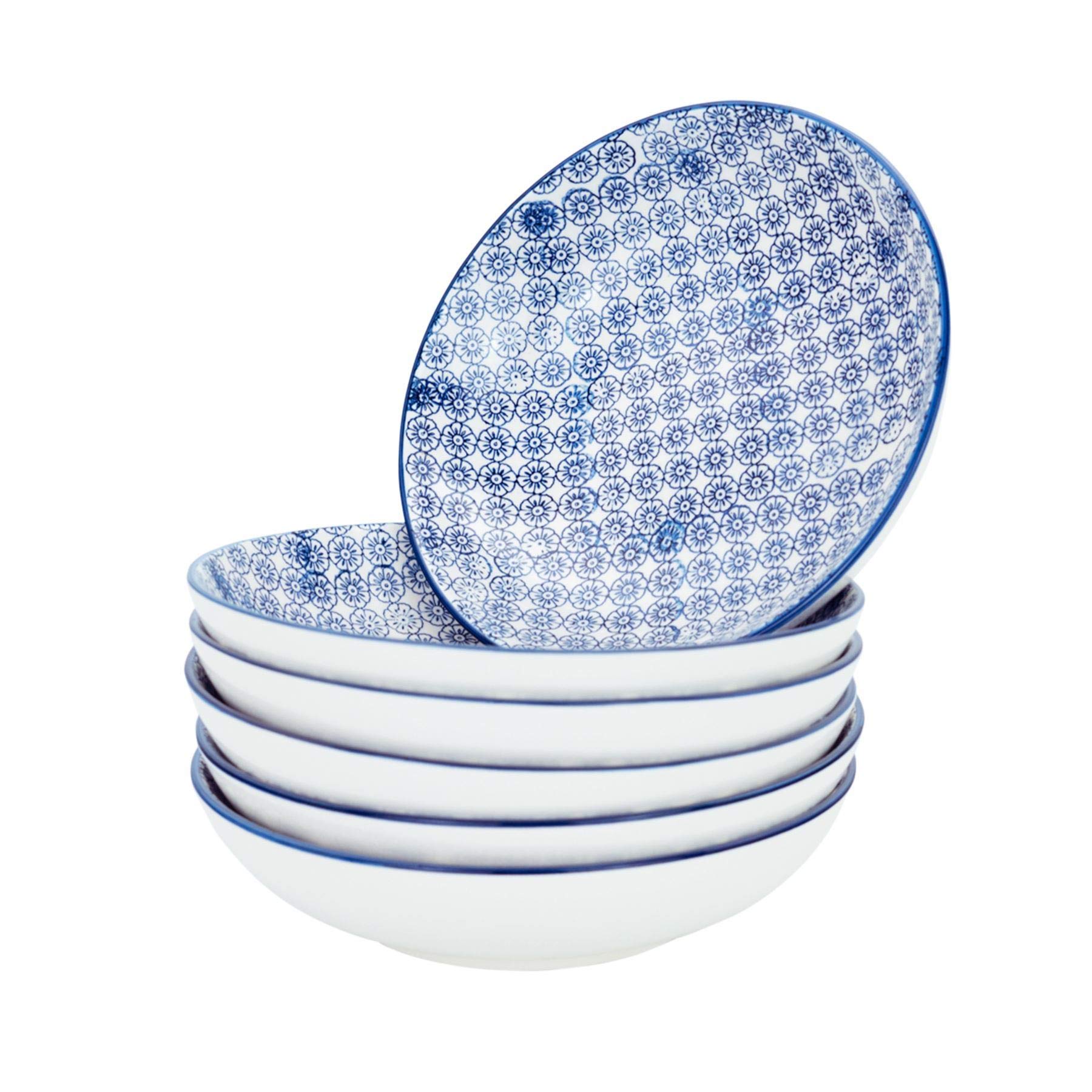 Nicola Spring Patterned Pasta Bowls - Navy - Pack of 6 - Porcelain Flower Print Design Rice Serving Bowls for Cereal, Fruit, Dessert, Salad, Noodles, Snacks