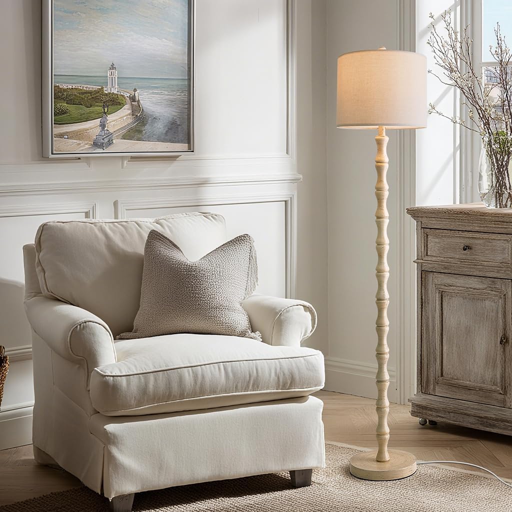  62" Rustic Farmhouse Floor Lamp Antique White with Remote & Dimmable 9W Bulb, 3 Color Temperatures Resin Standing Lamp, Retro Tall Lamp for Living Room, Bedroom, Nursery, Office, Reading Nook thumbnail
