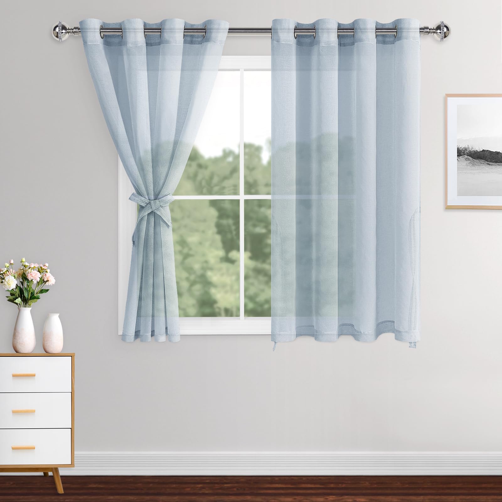 XWZO Sheer Curtains 2 Panels Linen Look Voile Curtains Semi Transparent Grommet Tieback Window Curtains for Bedroom,Light Filtering,Airy & Breathable Voile Drapes,Sky blue,W55*L54