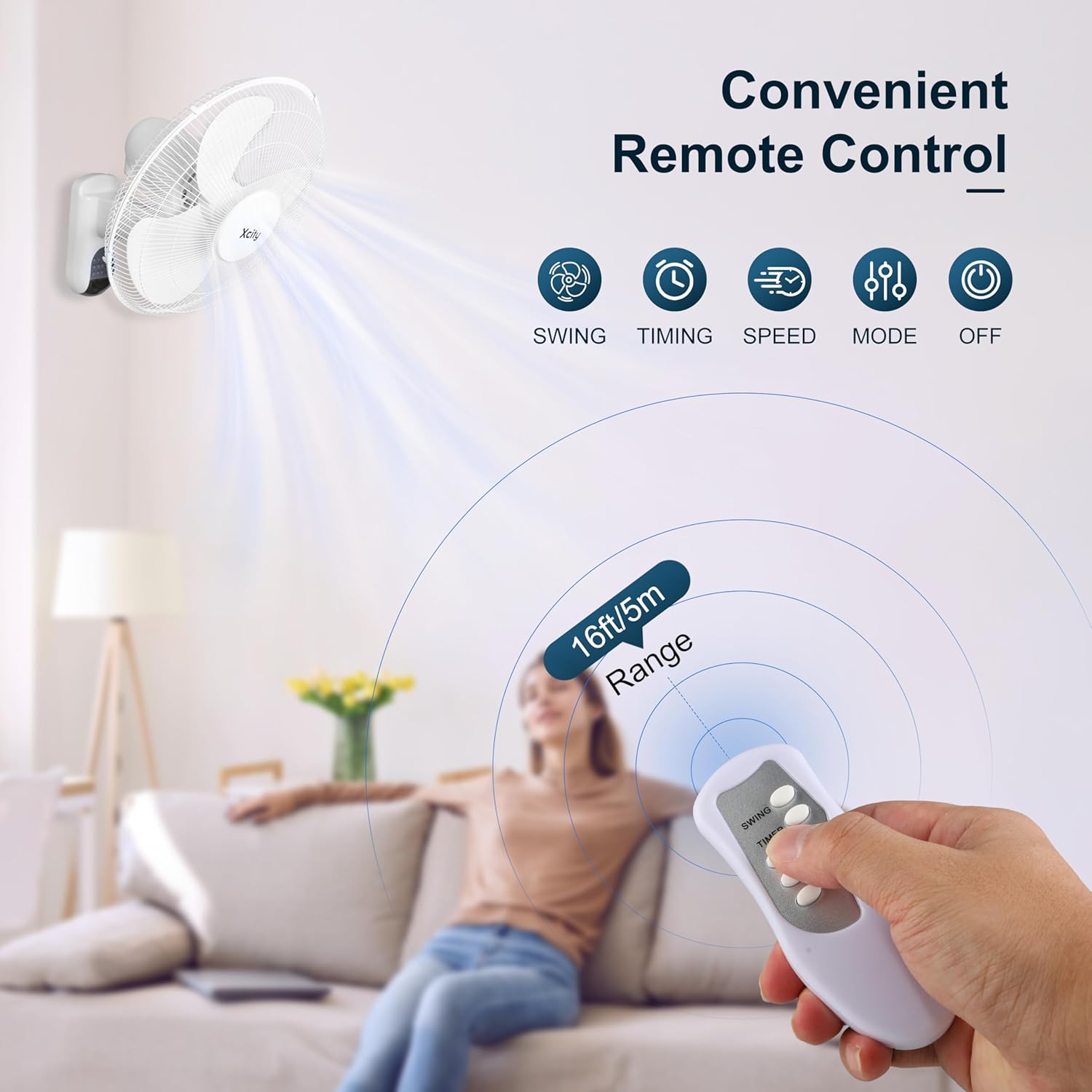 Xcity 16 Inch Wall Mounted Fan with Remote Control, 3 Speeds, 3 Modes, Timer, 90° Oscillating & 60° Adjustable Tilt, High Velocity, Quiet, Space Saving & Powerful Fan for Home, Bedroom, Office