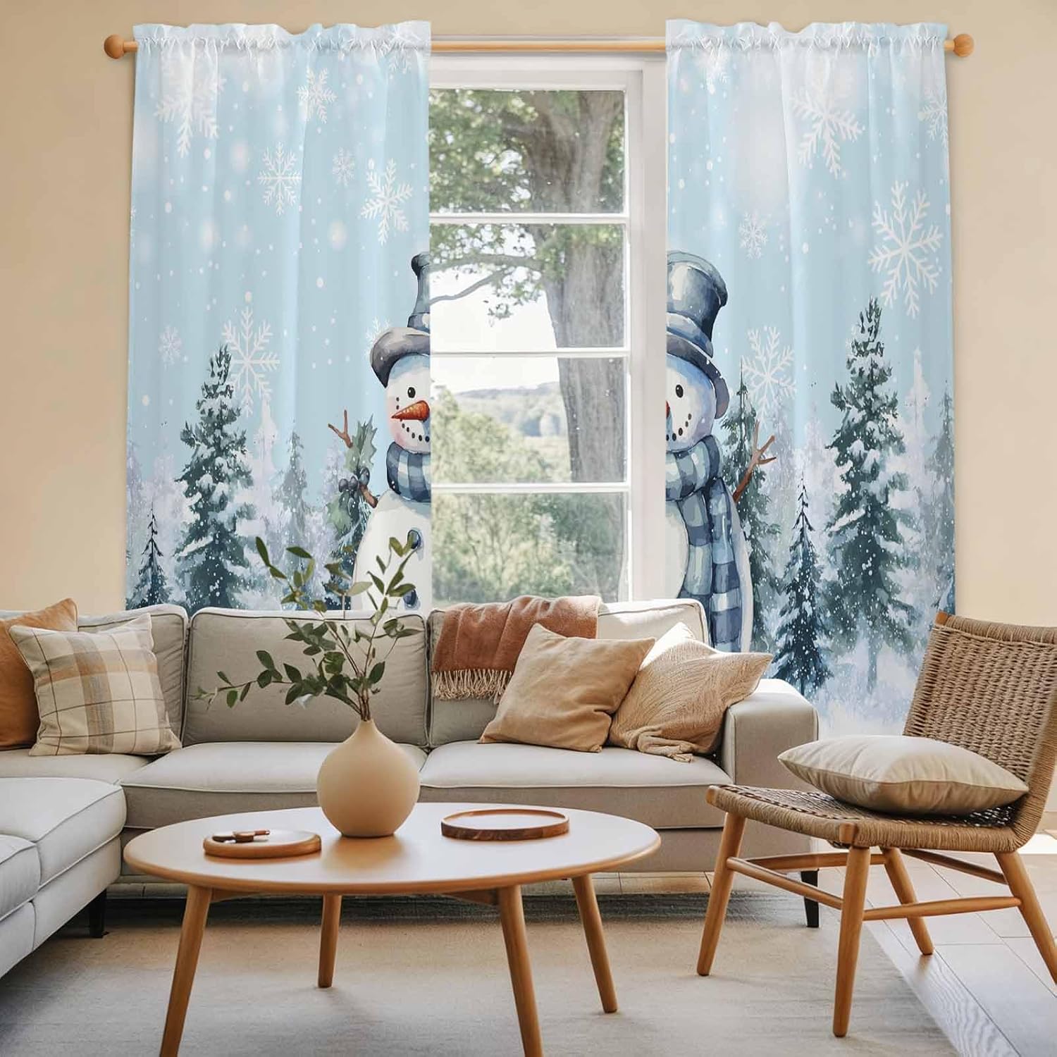 Christmas Snowman Window Curtains 72 Inch Long 2 Panel Set, Rod Pocket Long Curtains & Drapes, Xmas Trees Winter Blue Snowflake Light Filtering Window Treatment for Bedroom Living Room 52"W x 72"L
