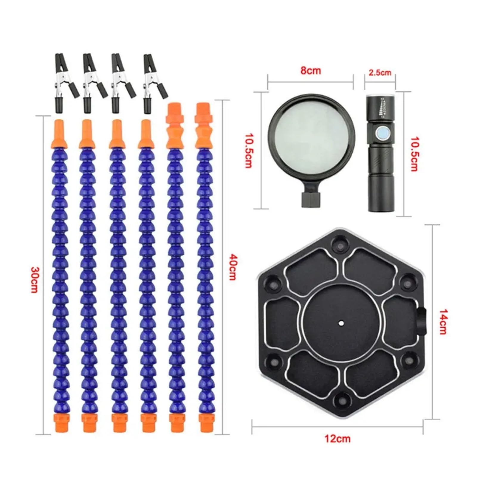 Saldatura Terza Mano Strumento, Stazione di Supporto for Saldatura con Lente d'Ingrandimento a 6 Bracci e Torcia USB Blu/Nero(Black)