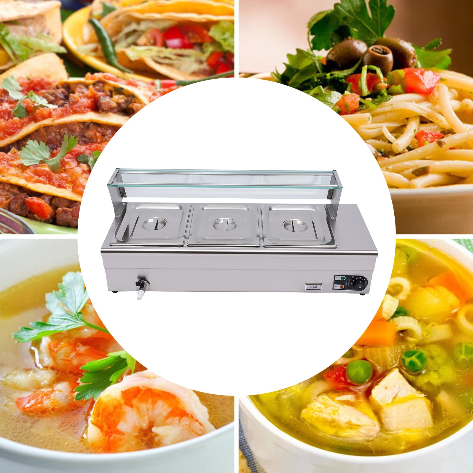 Scaldavivande per buffet, 1200 W, potenza di riscaldamento 22 kg, 3 pentole da 6 l, temperatura 30-80 °C, 0,6 mm, coperchio in vetro temperato, ideale per buffet, ristoranti, snack