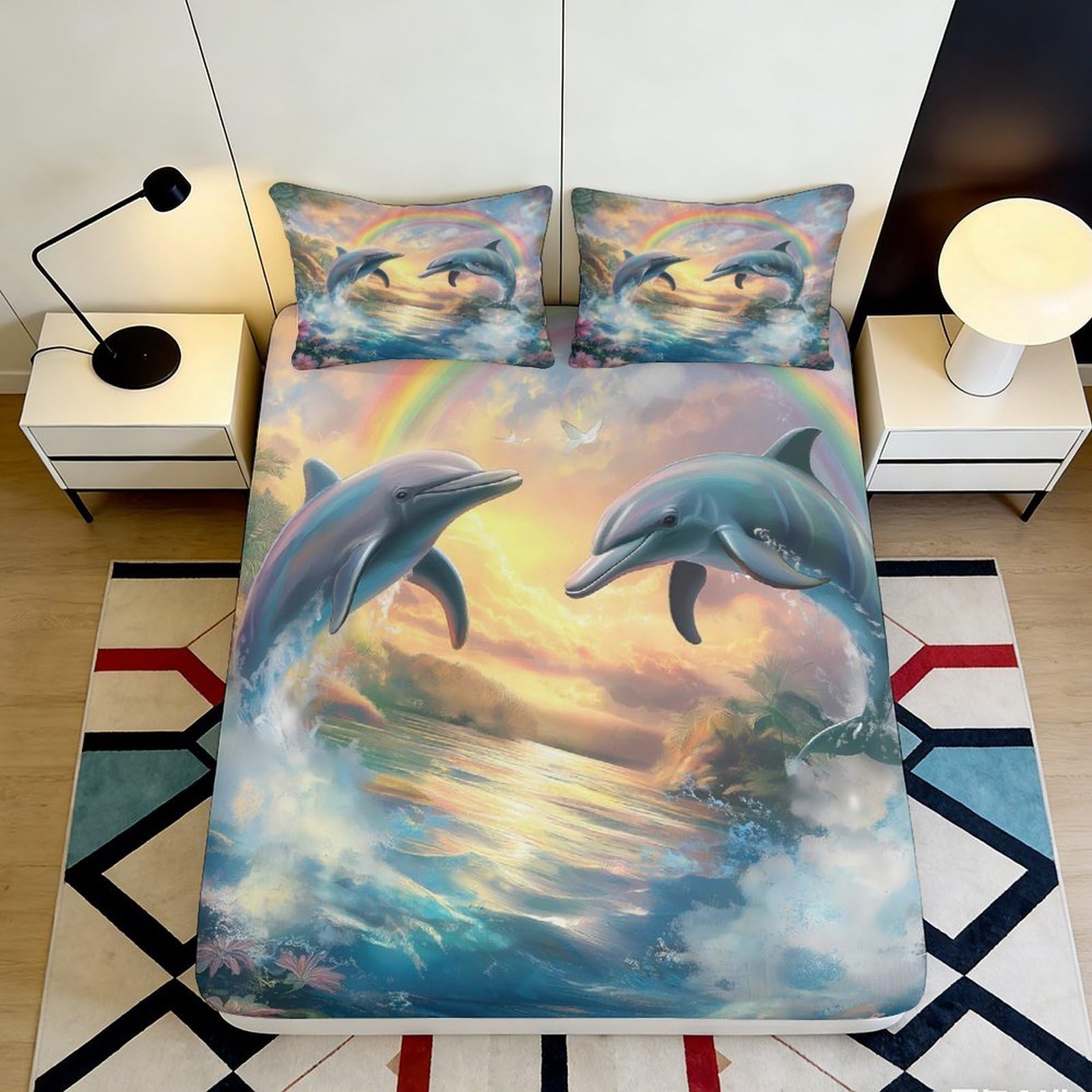 3D Printed Dolphin Sunset Fitted Sheet Microfiber Soft Waterproof Ocean Wave Mattress Cover for Bedroom Guest Room Decor 90x200x25cm