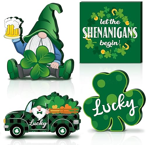 4 piezas de decoración de mesa del día de San Patricio, letrero de madera de trébol de la suerte, letrero de mesa de gnomo verde, centro de mesa,