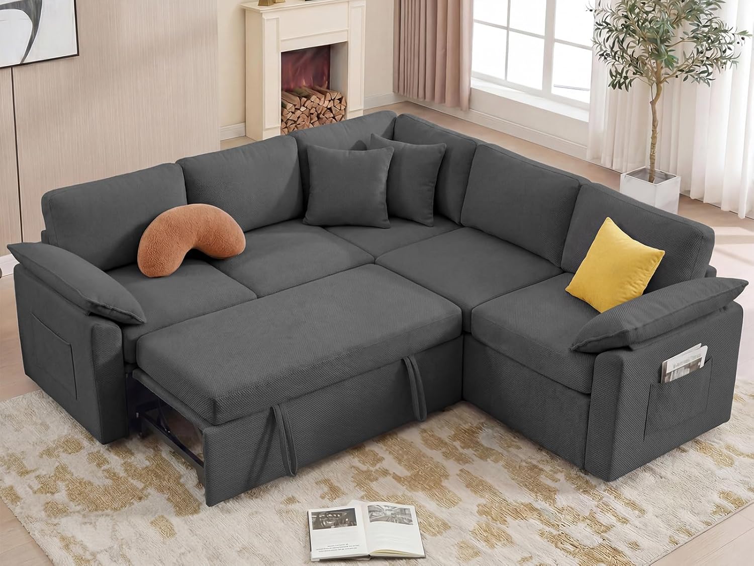 85" Modular Sectional Sofa with Pull Out Bed, L Shaped Couch with Storage, 5-Seater Sleeper Sofa, Sectional Couches for Living Room, Cloud Modular Couch with Removable Sofa Cover