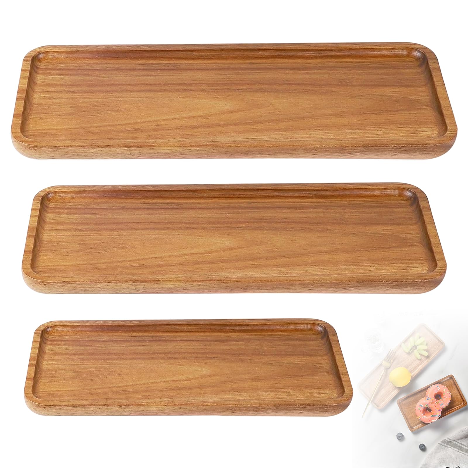 3pcs Wooden Serving Tray, 36/28/20cm Rectangle Acacia Wood Trays Vintage Boards Dessert Platter for Snack Appetizer Sushi Breakfast Coffee Tea Wine